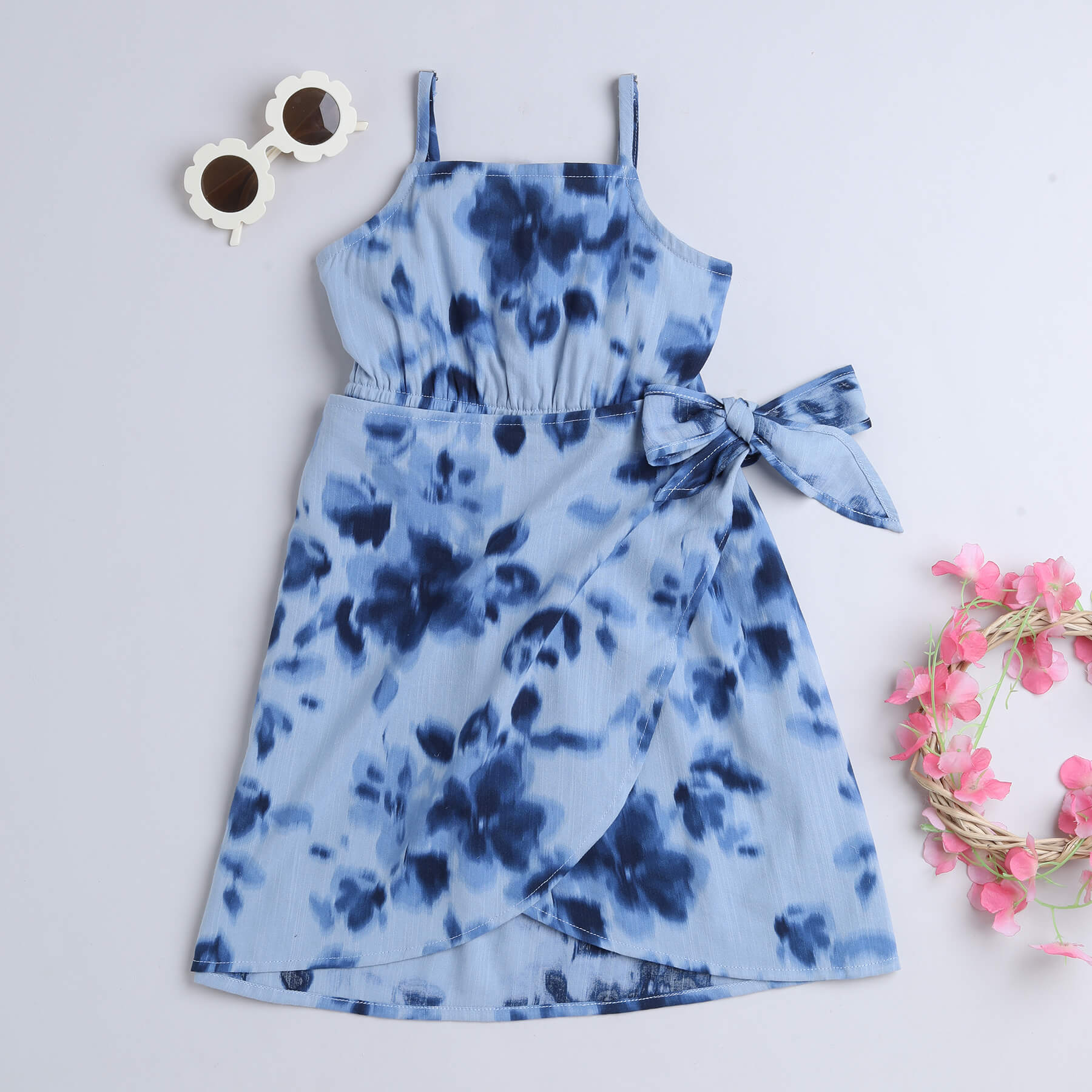 100% cotton floral printed side tie up detail singlet wrap dress-Blue