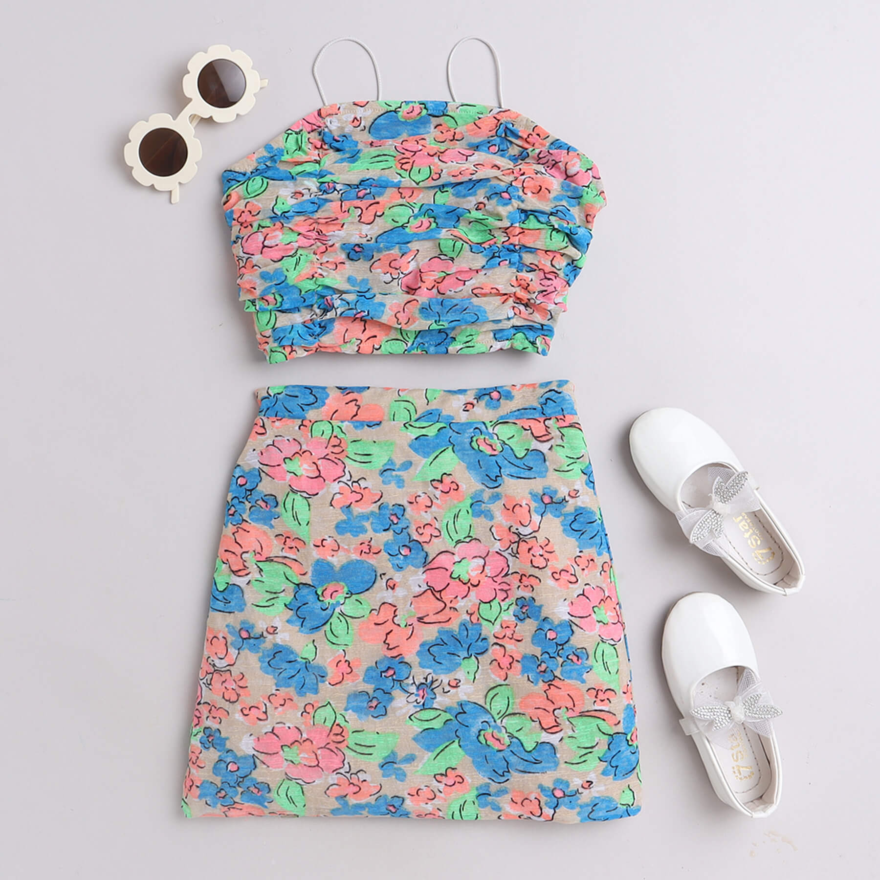 Shop Floral Printed Ruched Crop Top And Matching Short Skirt Set
