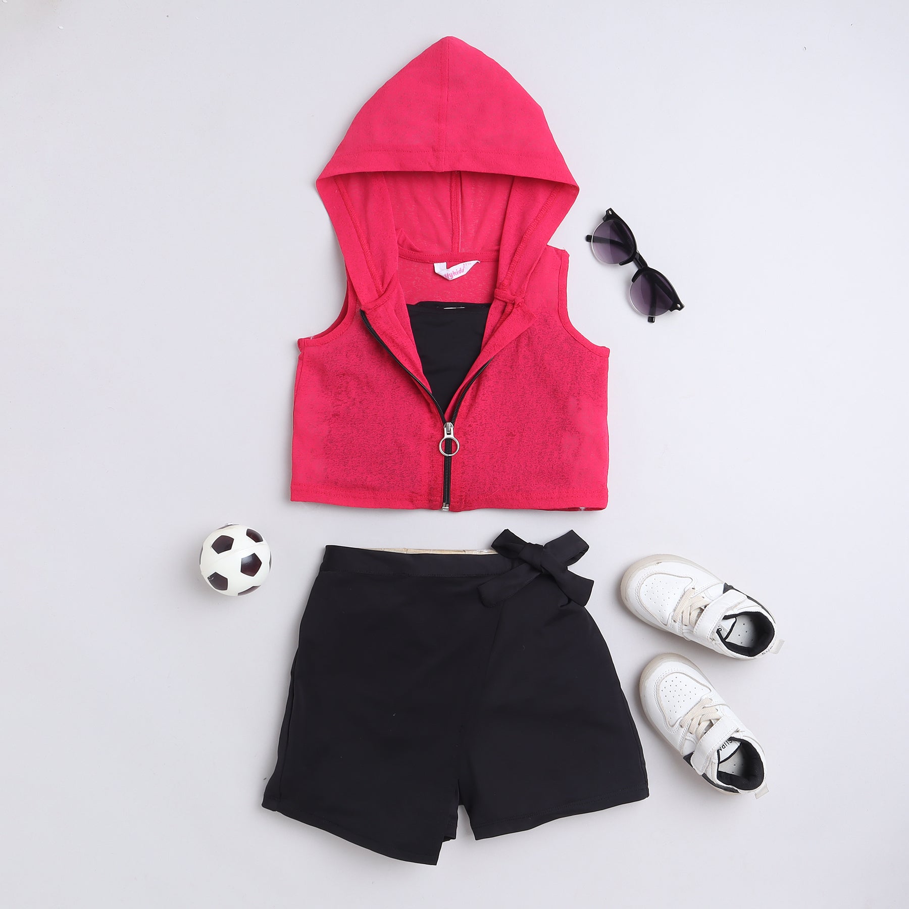 Shop Solid Sleeveless Zip Up Crop Hoodie With Tie Up Skort And Singlet Crop Top Set-Pink/Black Online