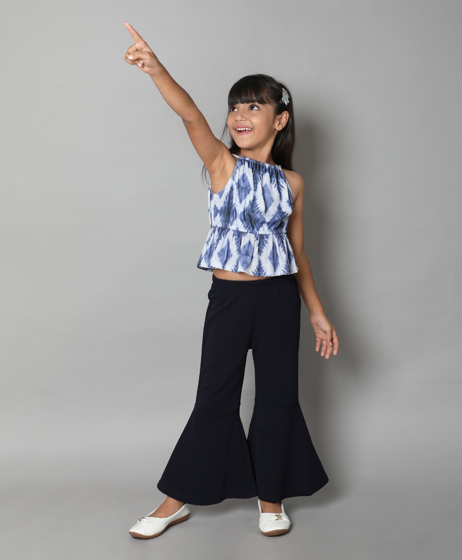 Shop Tie-Dye Printed Peplum Top And Bell Bottom Pant Set- Blue