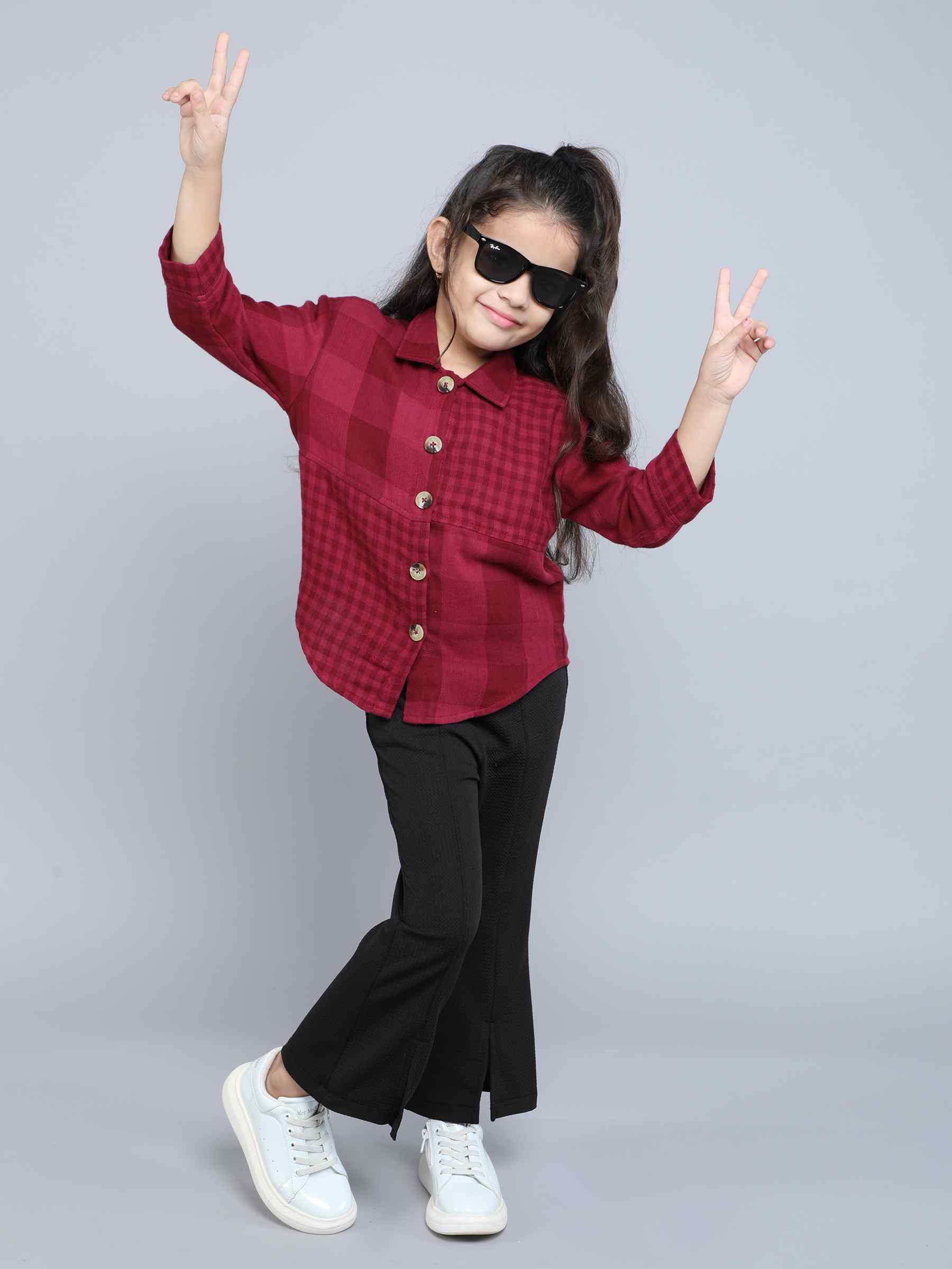 oversize check cut and sew shirt with solid bell bottom pants-wine