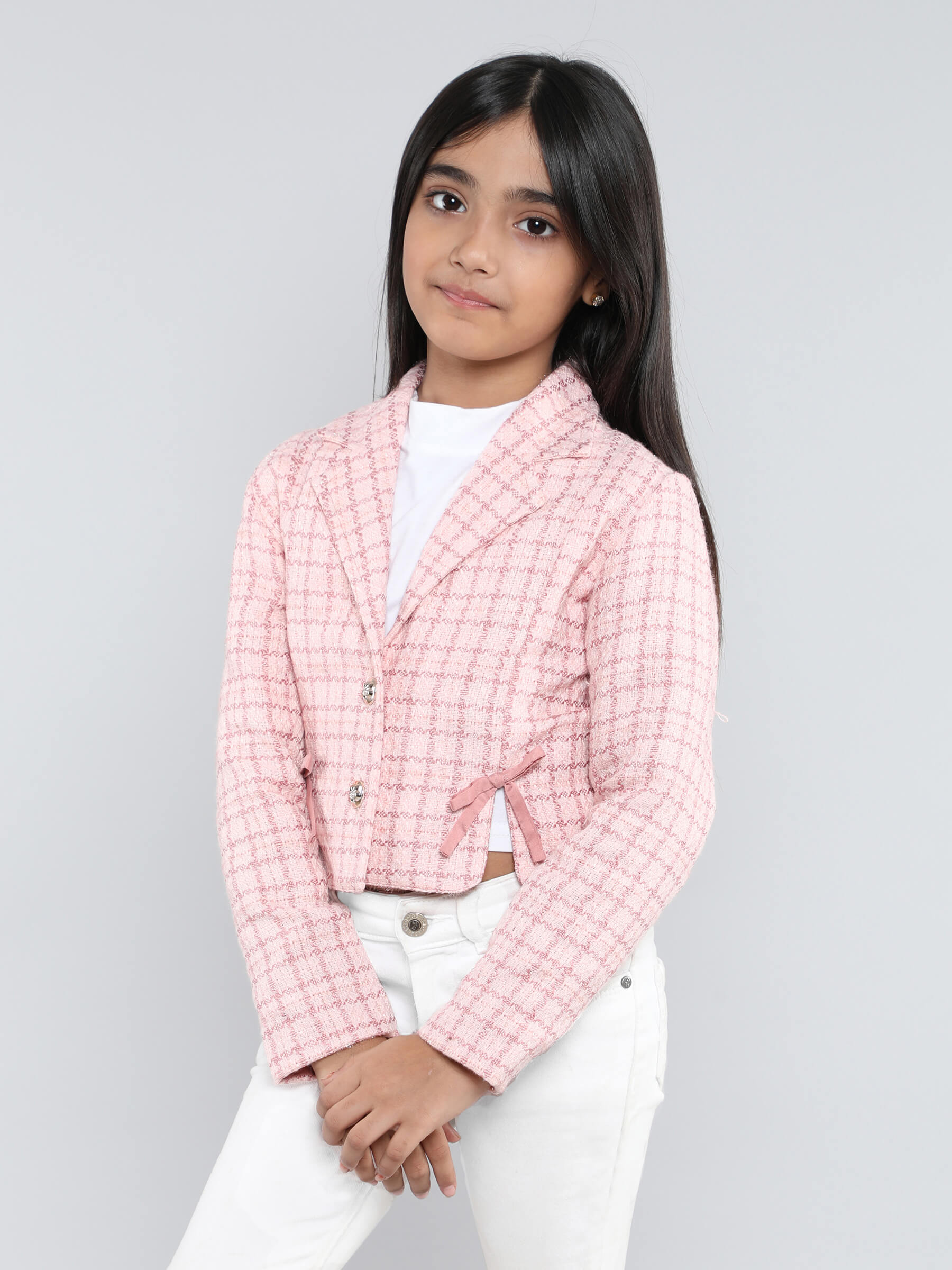 tweed full sleeves slit and bow detail crop blazer-Pink – taffykids