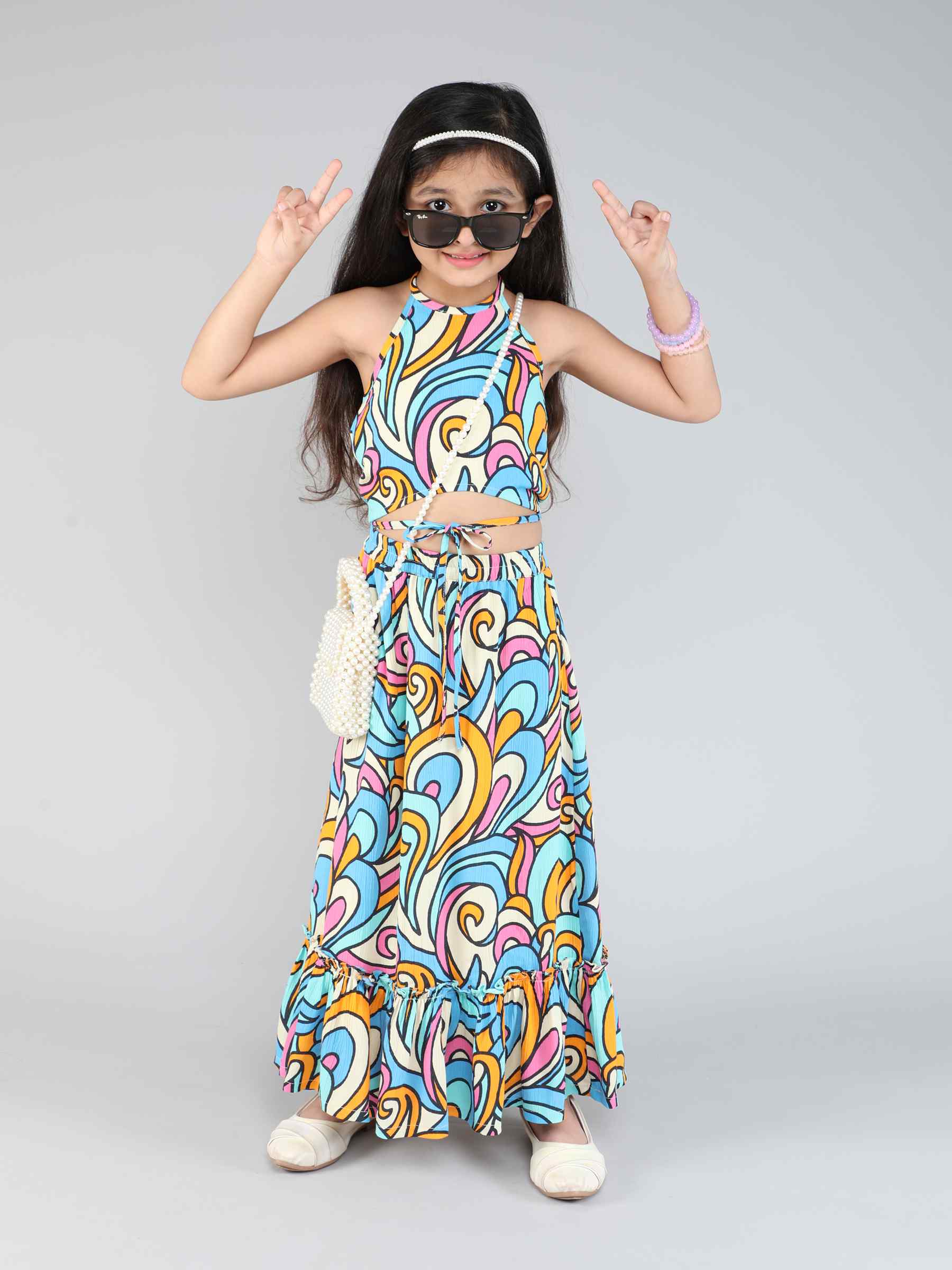 colorful printed halter neck waist tie up ethnic crop top and