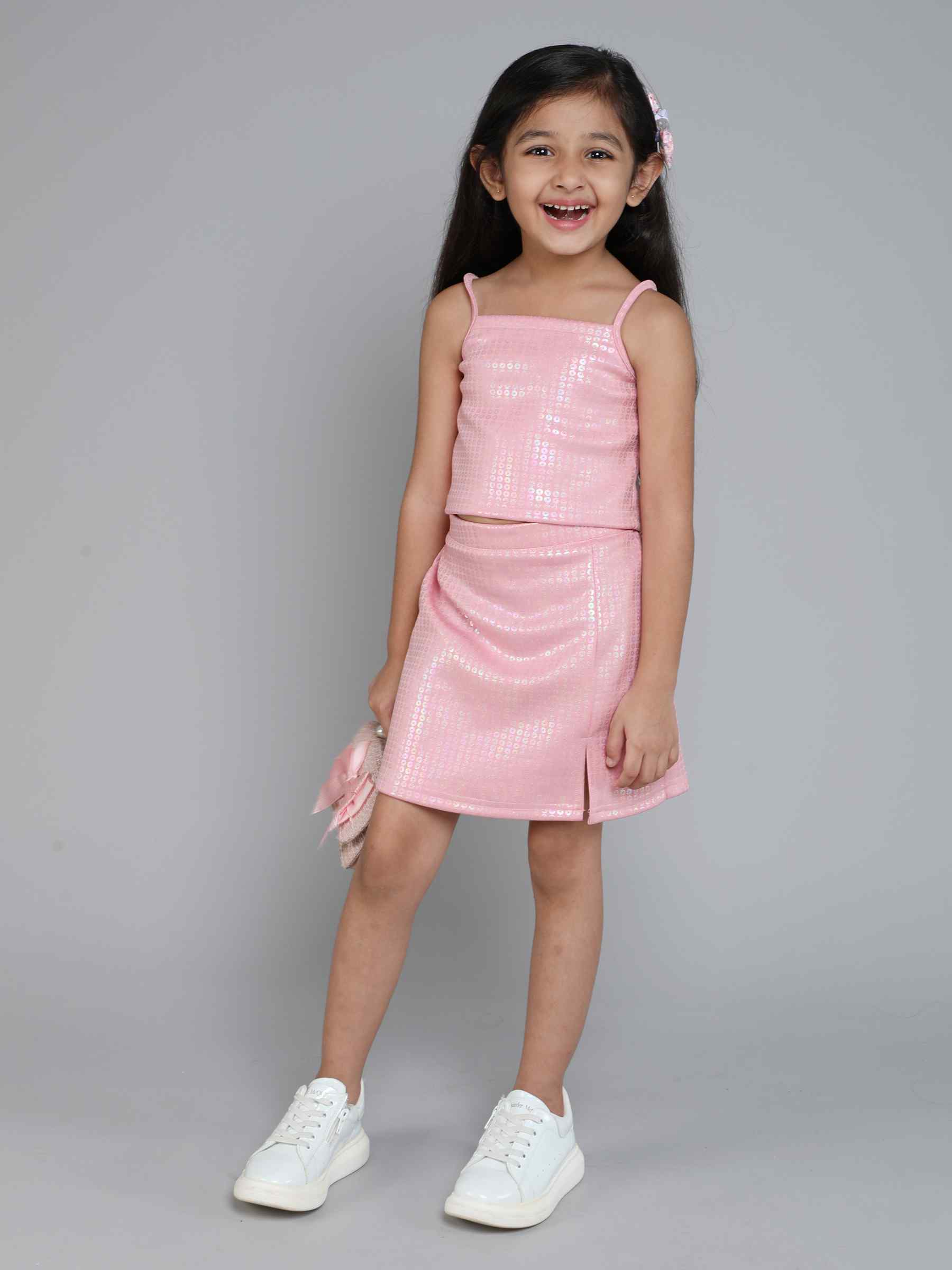 foil printed singlet party crop top and matching slit skirt set-pink