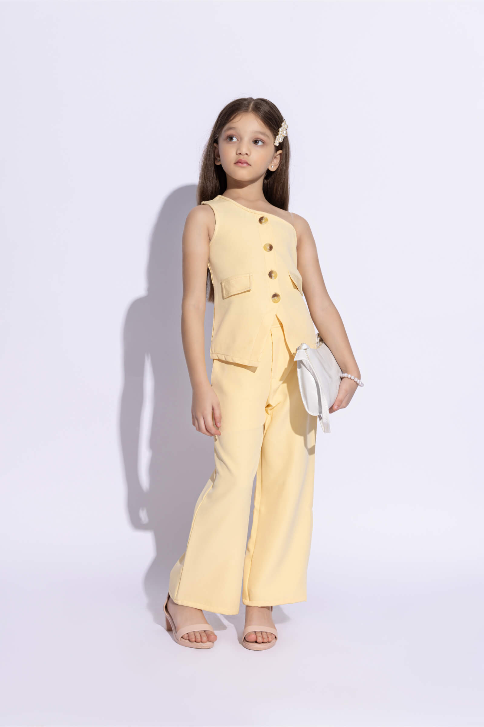 sleeveless One shoulder front slit top and matching pant set- Yellow