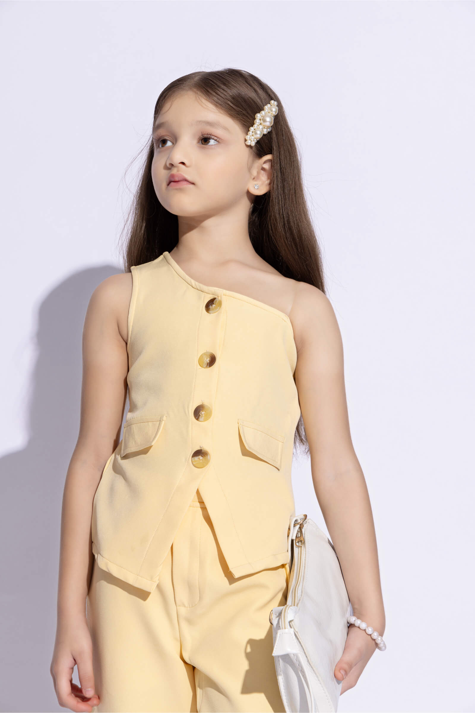sleeveless One shoulder front slit top and matching pant set- Yellow