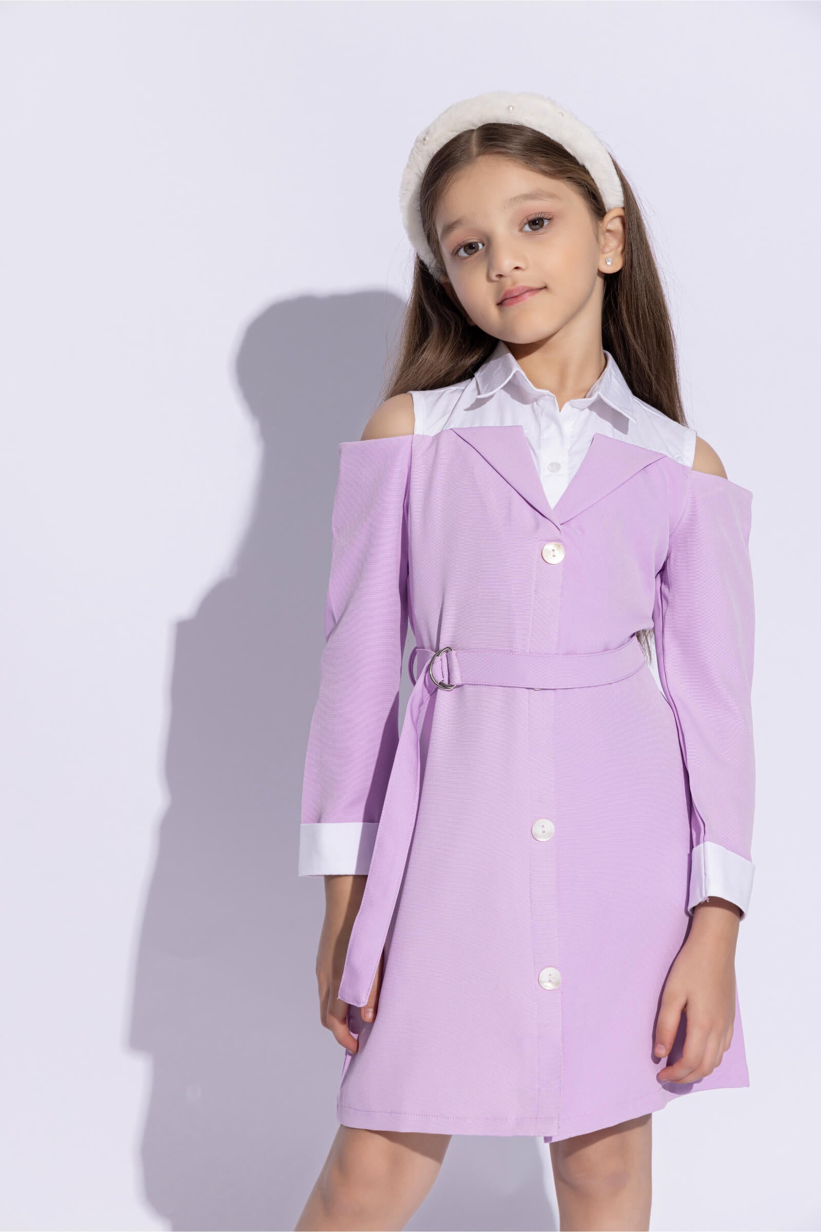 full sleeves cold shoulder shirt attached blazer dress with belt- Lilac & White