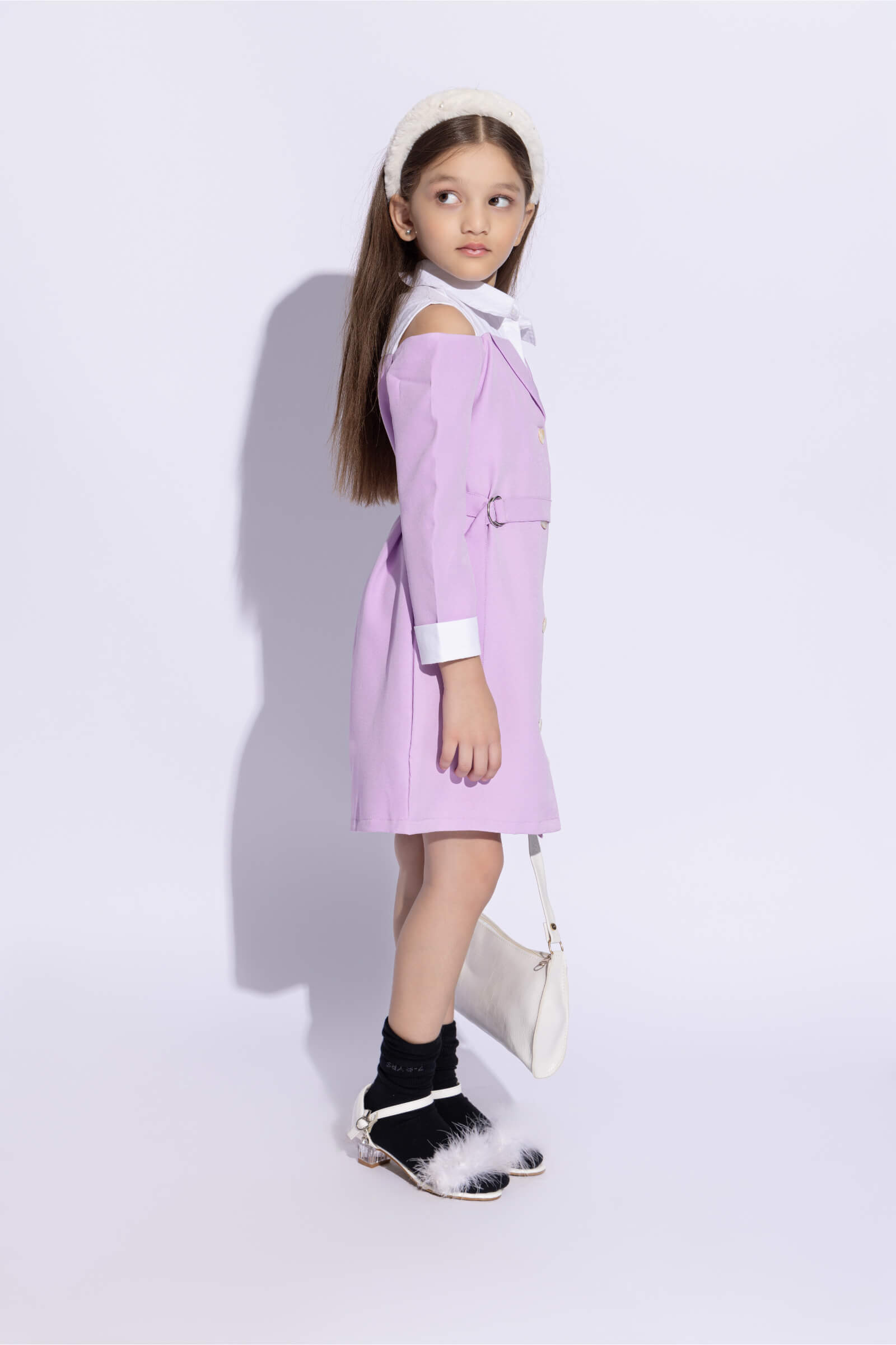 full sleeves cold shoulder shirt attached blazer dress with belt- Lilac & White