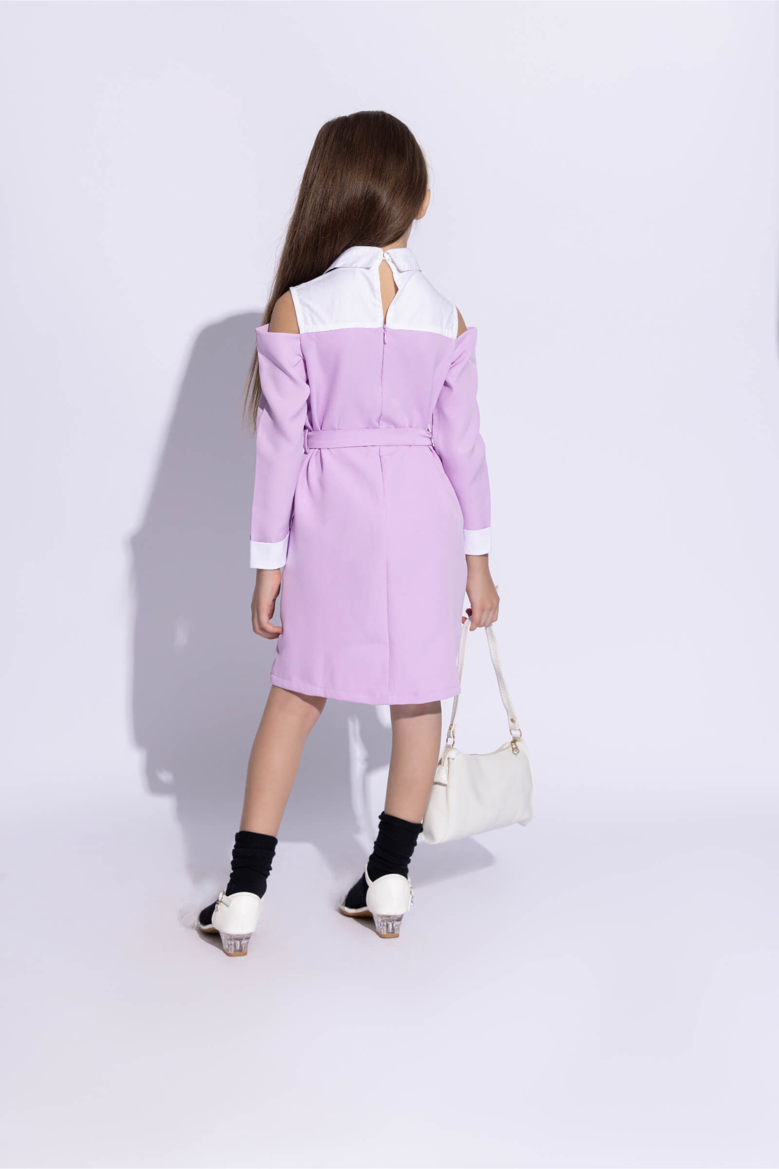 full sleeves cold shoulder shirt attached blazer dress with belt- Lilac & White