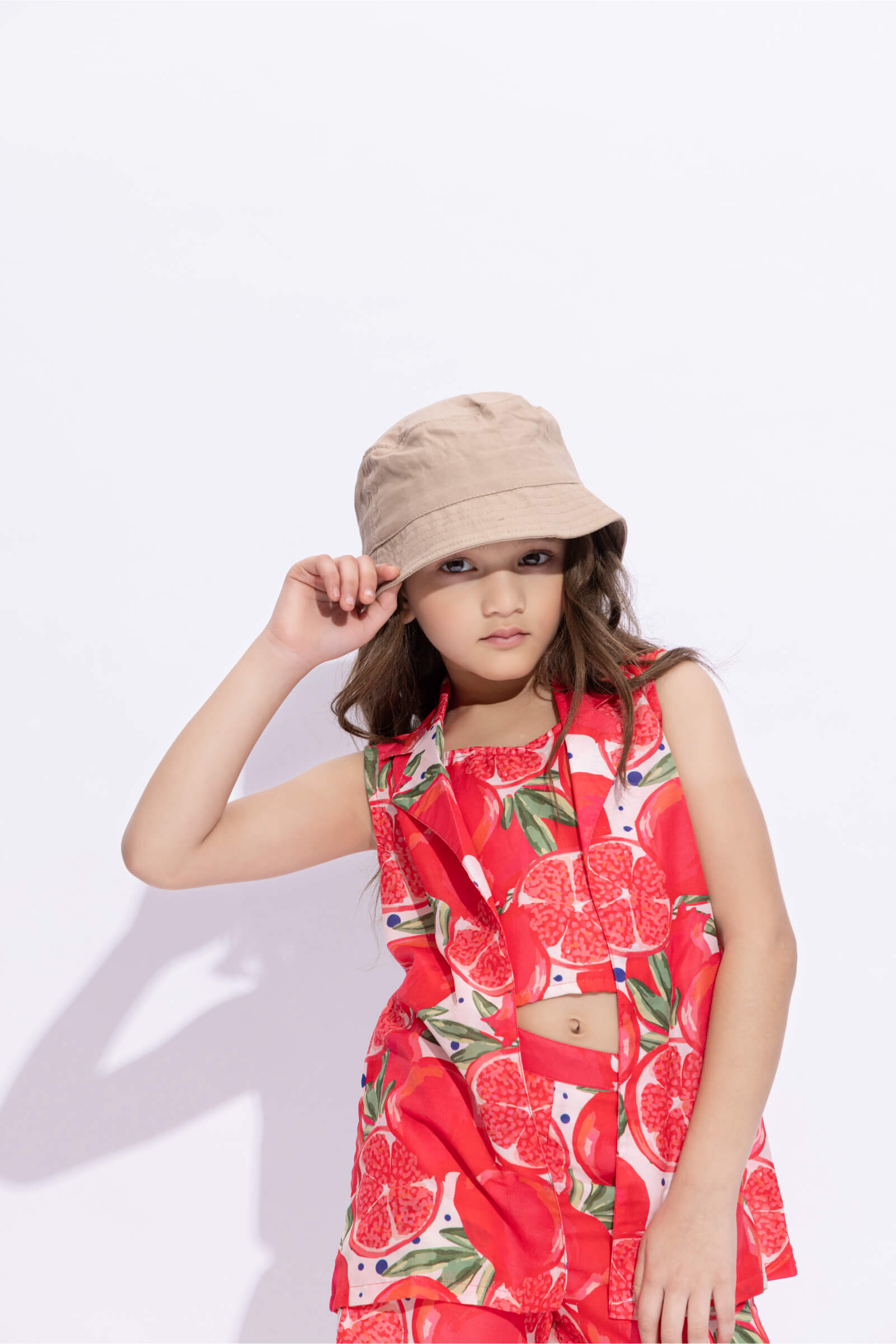 Sleeveless fruit printed jacket with matching shorts with singlet crop top-Red/Multi