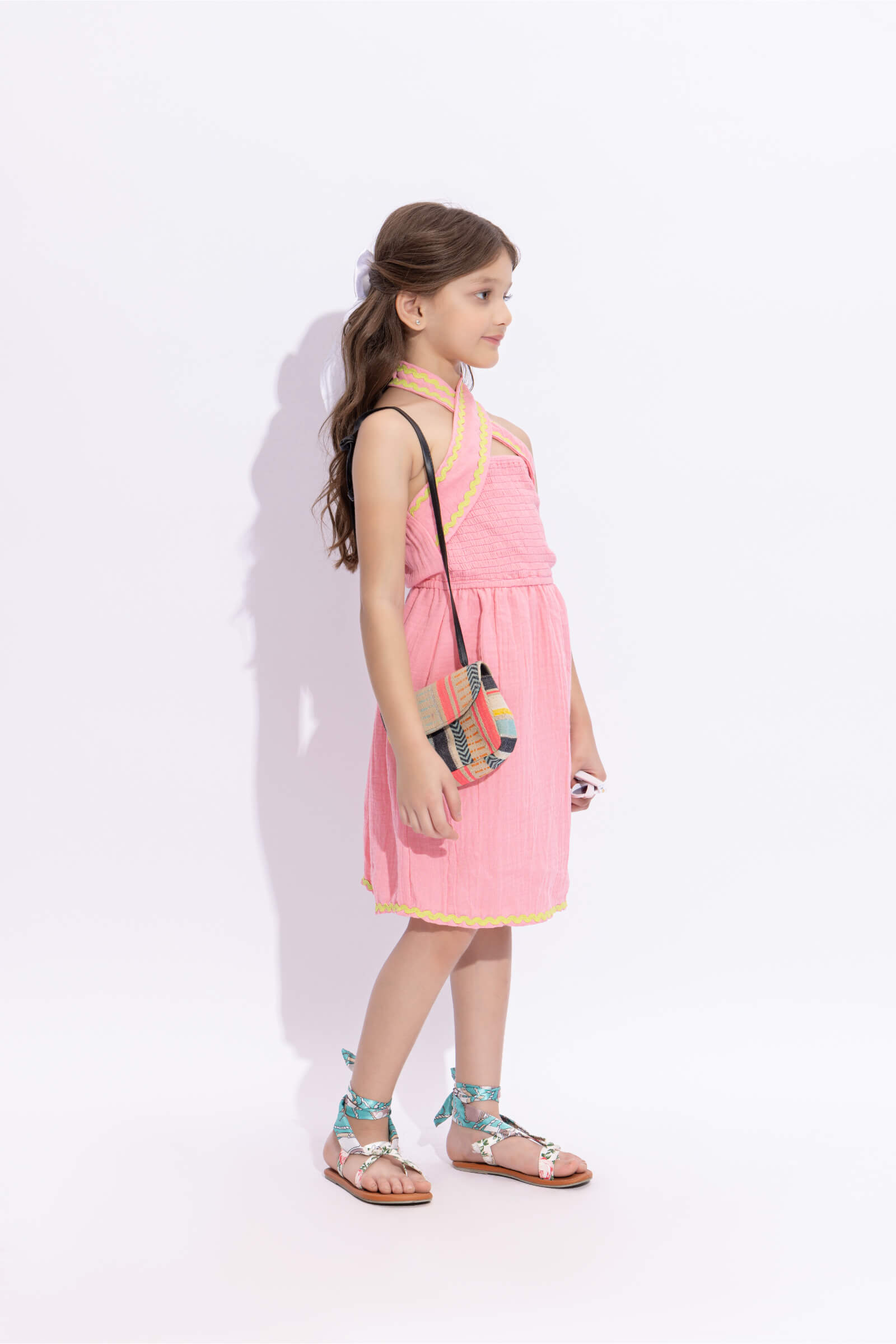100% cotton sleeveless lace detail halter neck dress-Peach Pink