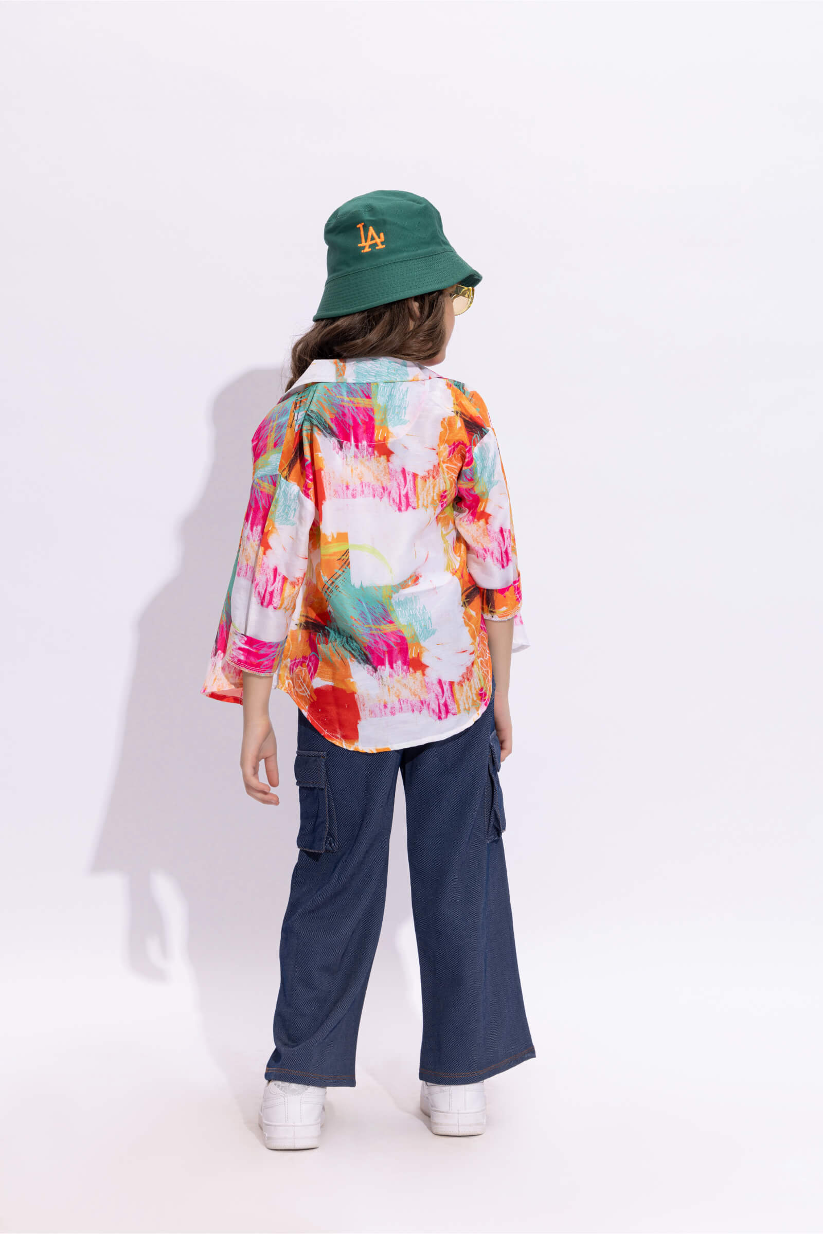 3/4 sleeves crayon printed over size shirt with singlet crop top and Cargo pant set-Multi