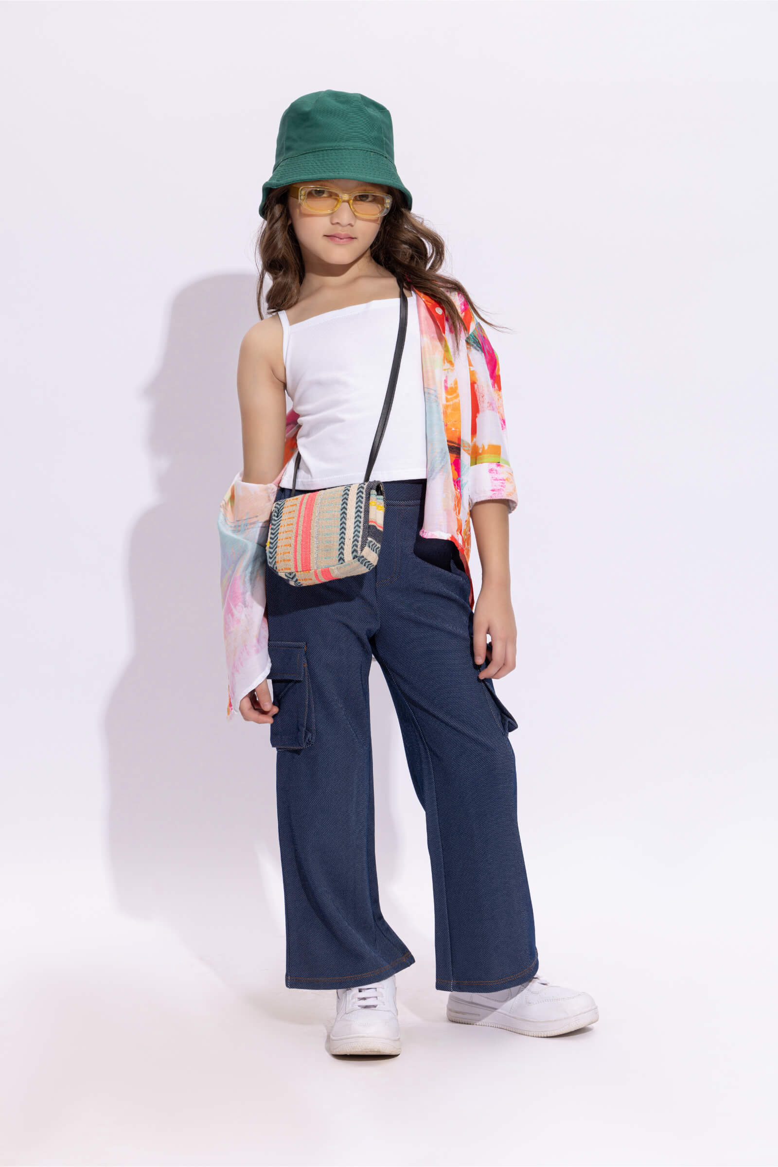 3/4 sleeves crayon printed over size shirt with singlet crop top and Cargo pant set-Multi