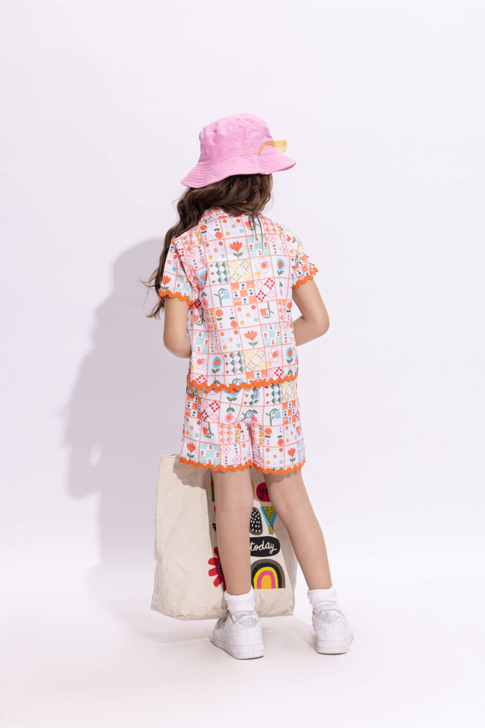 half sleeves geometry printed Lace detail shirt with short and singlet crop top set-Orange & Multi