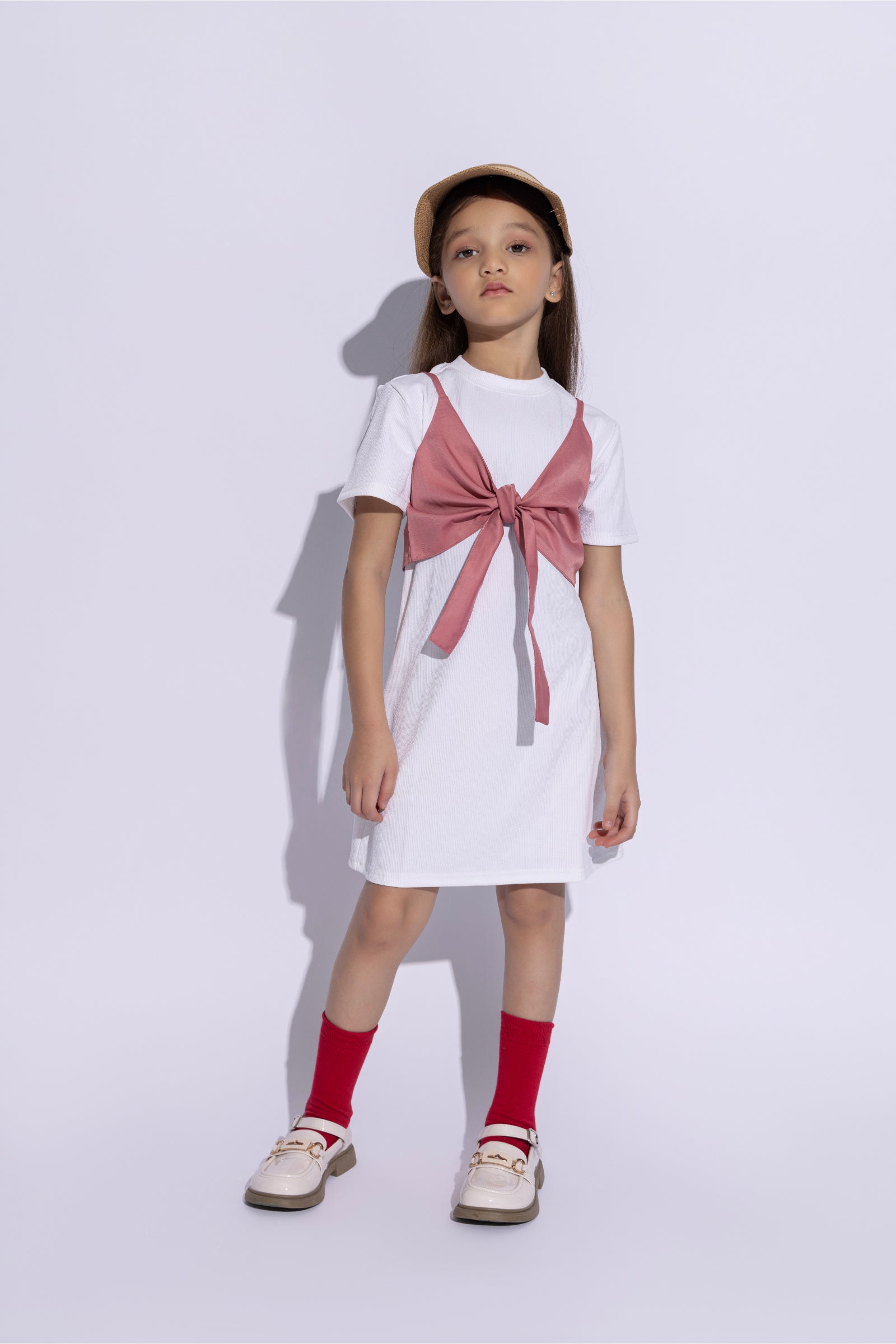 half sleeves stripes texture T-shirt dress with Singlet front tie up Over top- White & pink