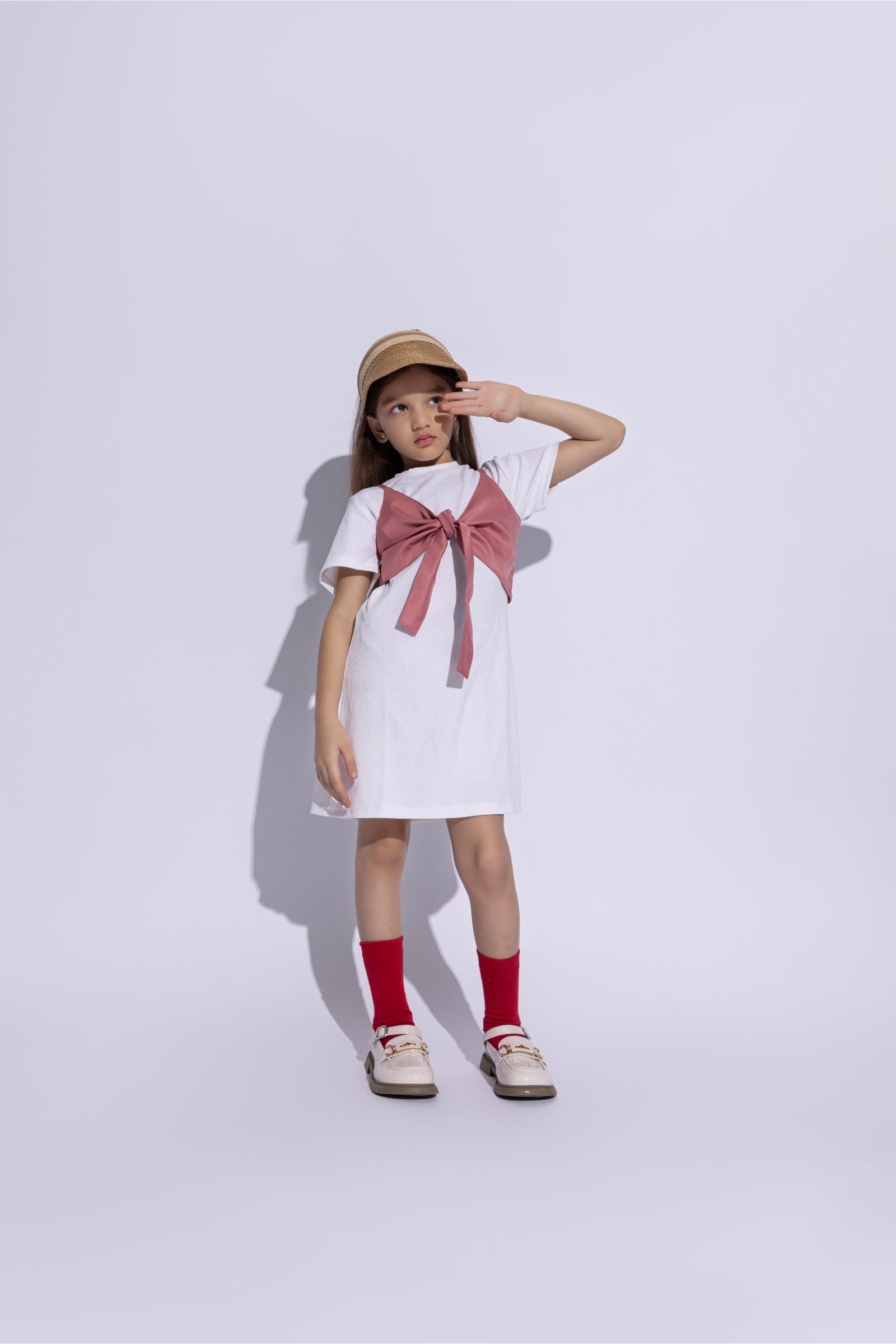 half sleeves stripes texture T-shirt dress with Singlet front tie up Over top- White & pink