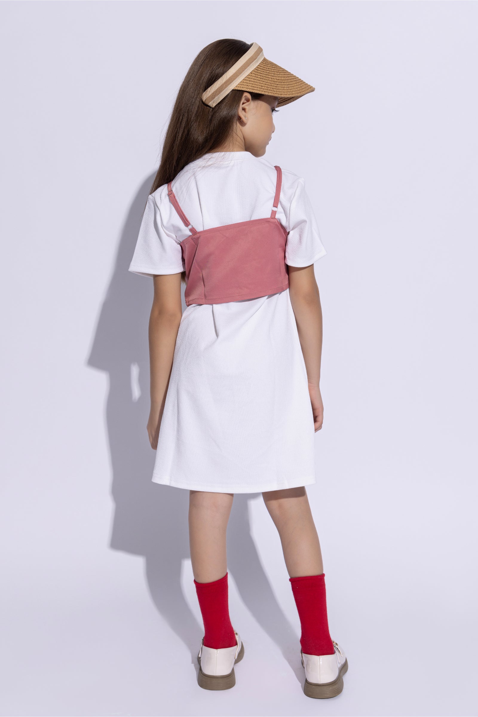 half sleeves stripes texture T-shirt dress with Singlet front tie up Over top- White & pink