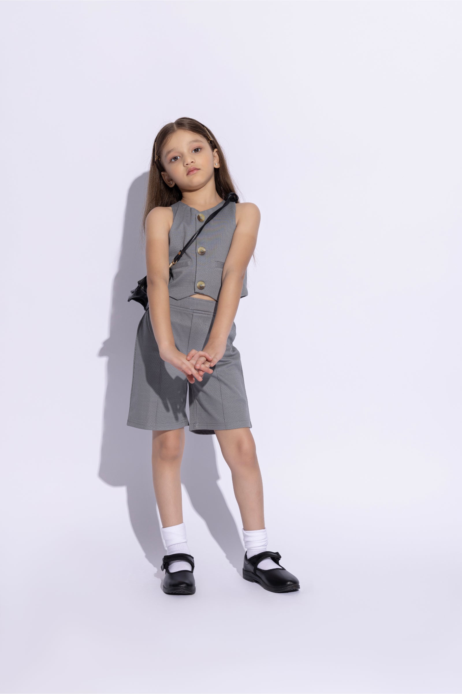 Sleeveless Button up vest and matching bermuda short set- Grey