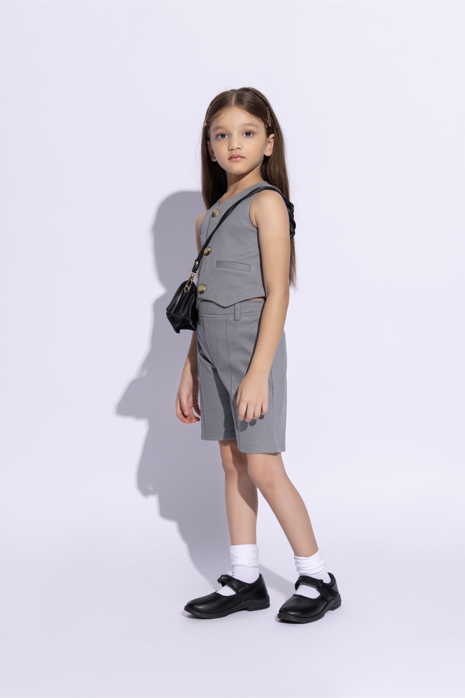 Sleeveless Button up vest and matching bermuda short set- Grey