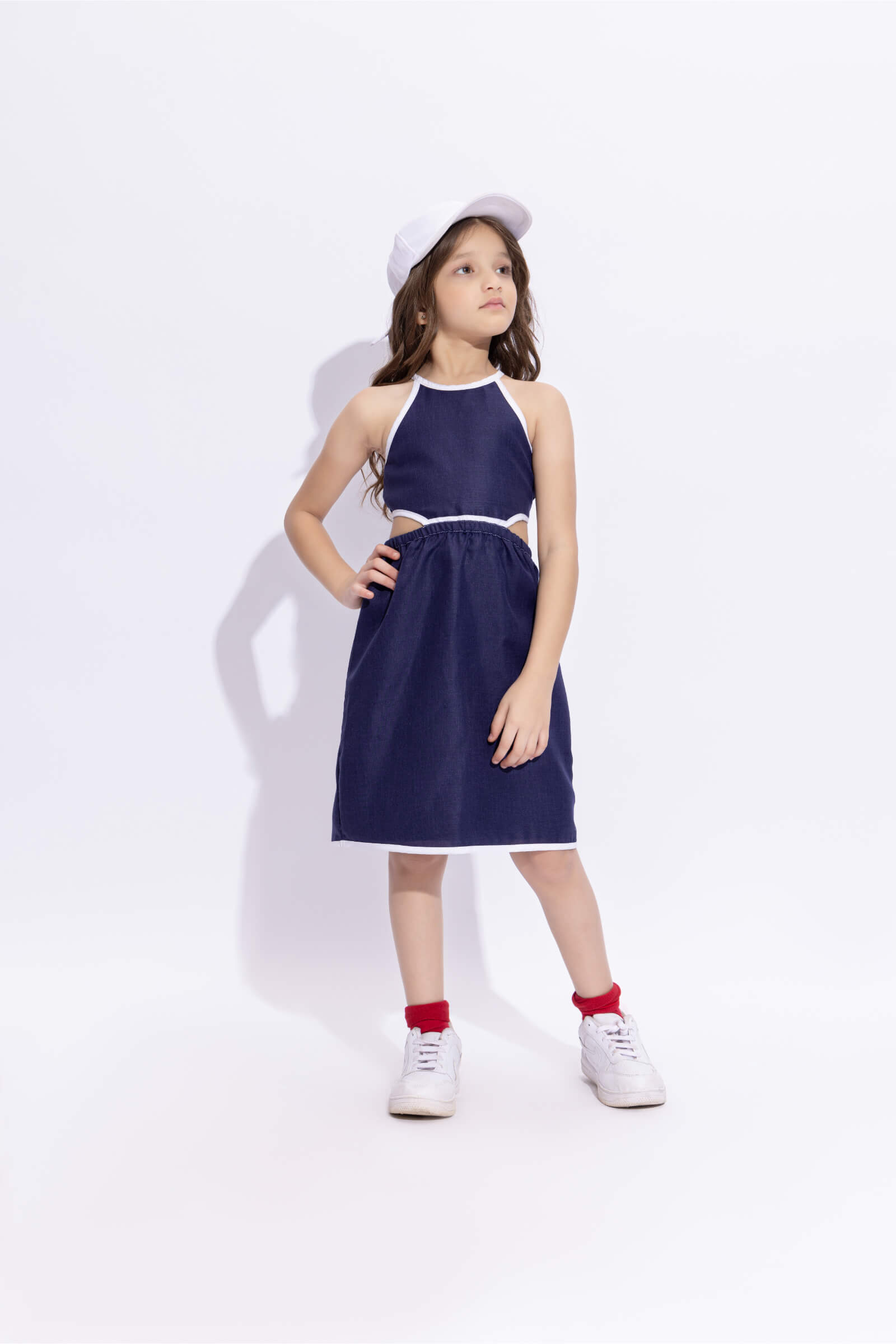 sleeveless solid halter neck piping detailed back tie up Dress-Navy blue/White