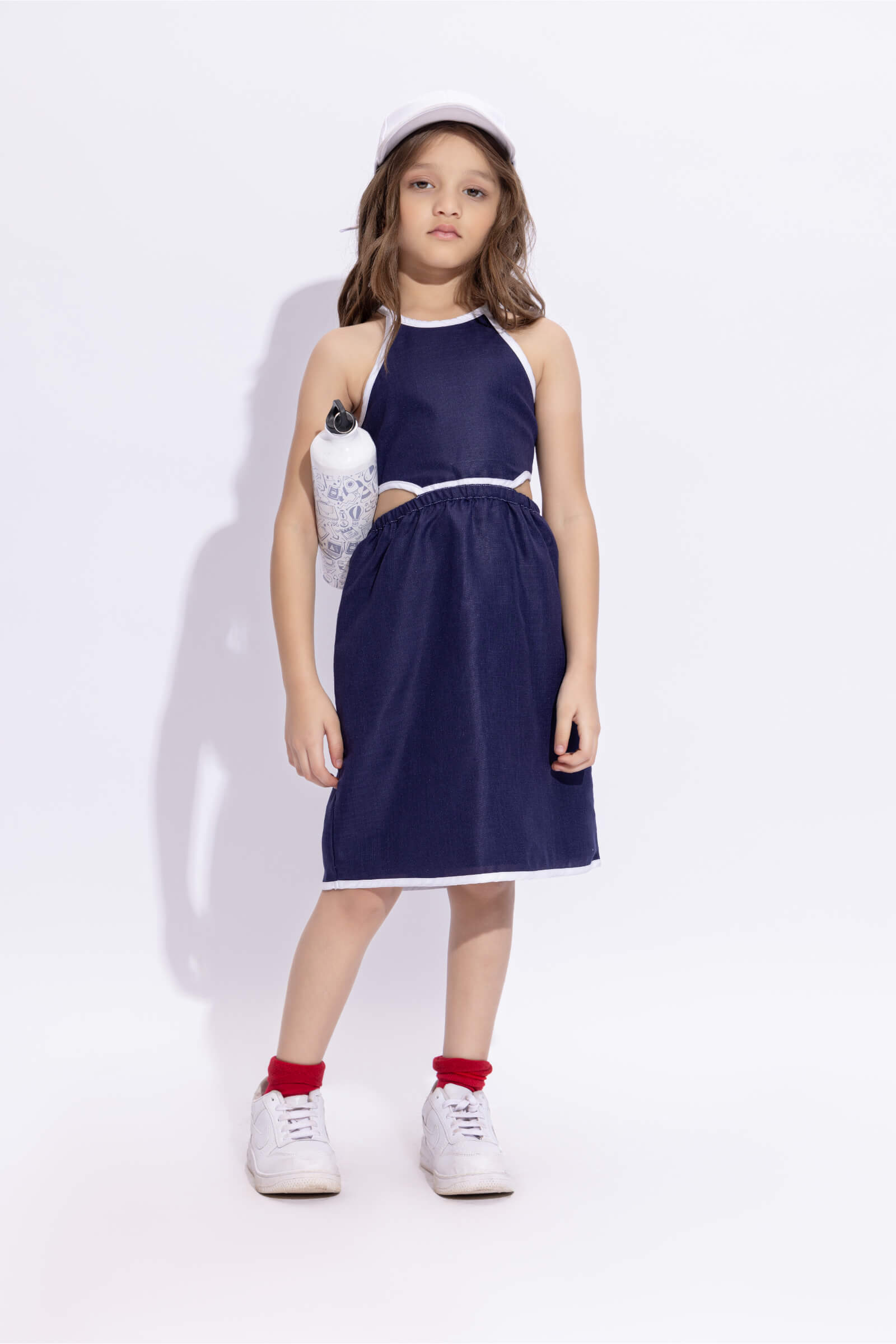 sleeveless solid halter neck piping detailed back tie up Dress-Navy blue/White