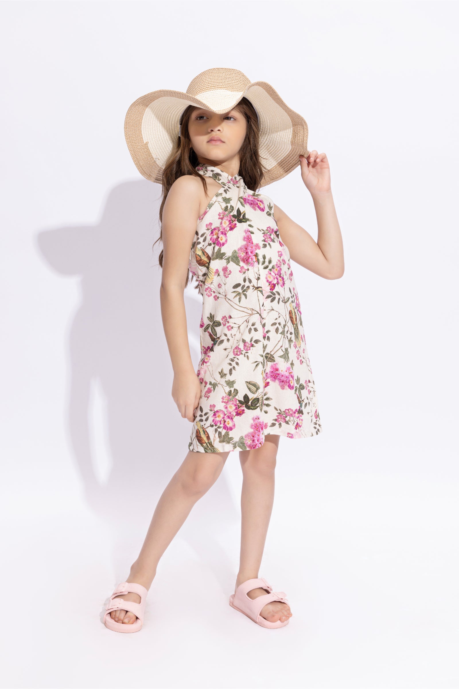 sleeveless Floral printed button detail halter neck Aline dress-Beige/Multi