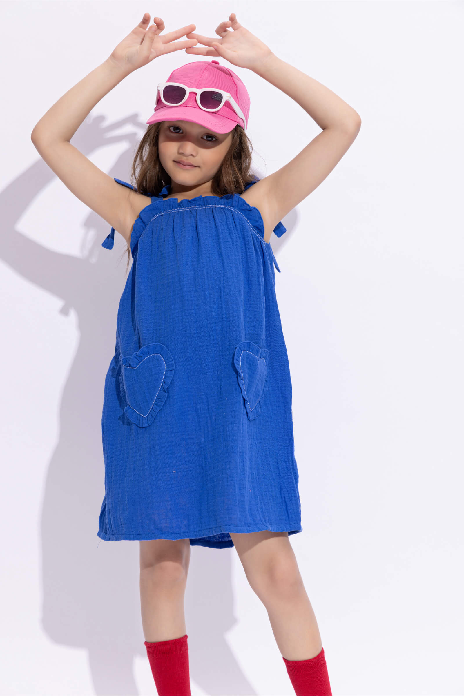100% cotton sleeveless Heart pocket detail Aline dress-Royal blue