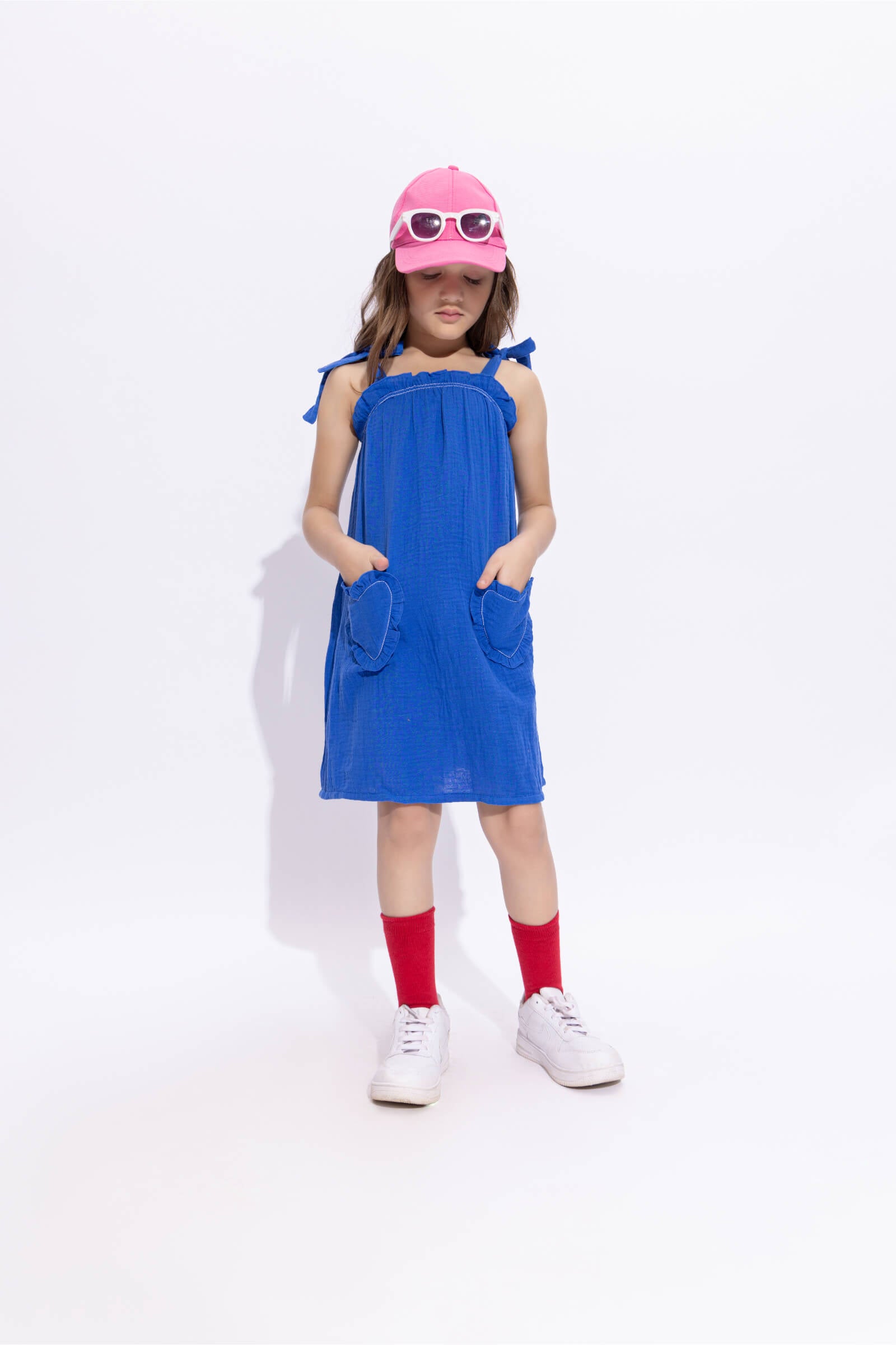 100% cotton sleeveless Heart pocket detail Aline dress-Royal blue