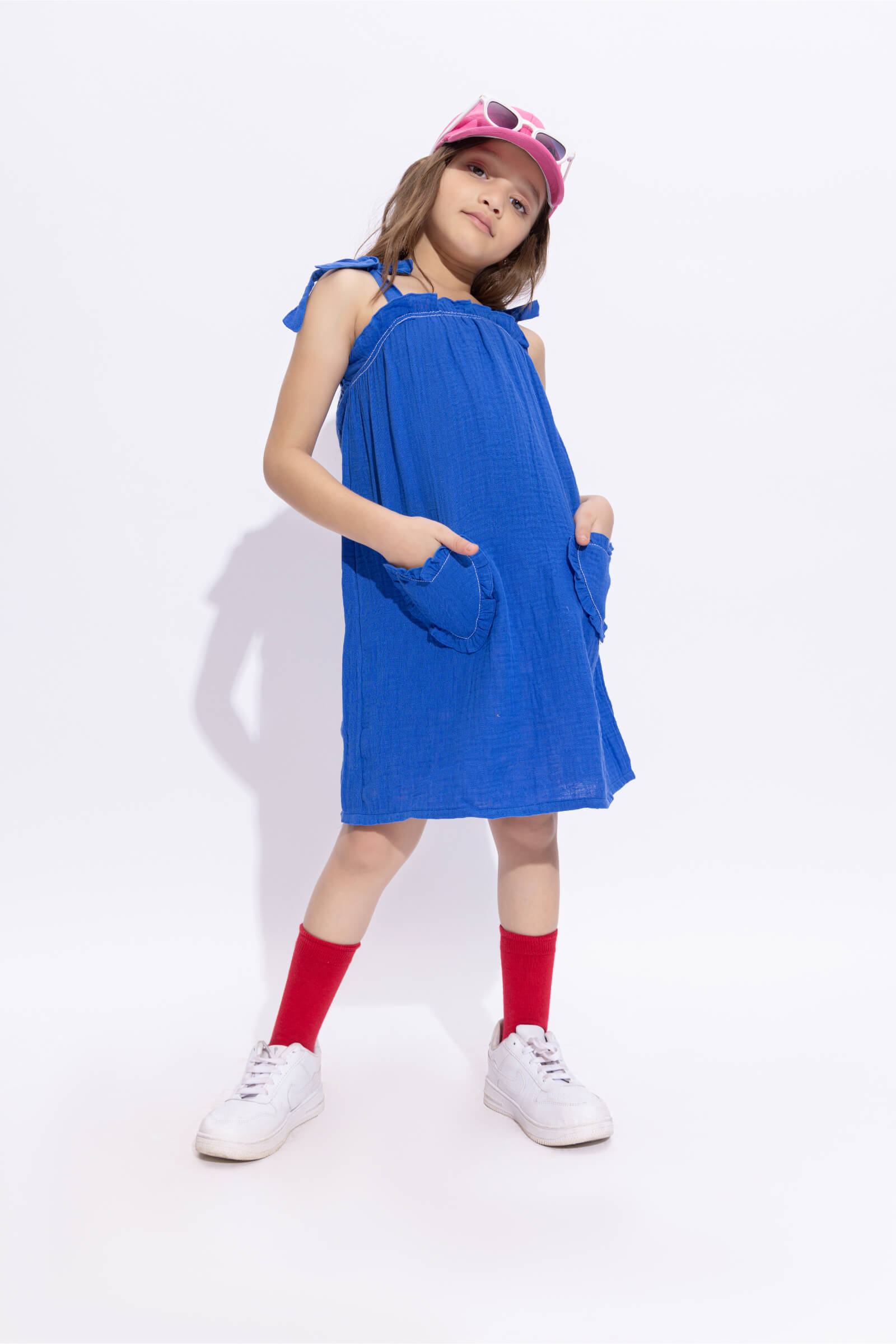 100% cotton sleeveless Heart pocket detail Aline dress-Royal blue