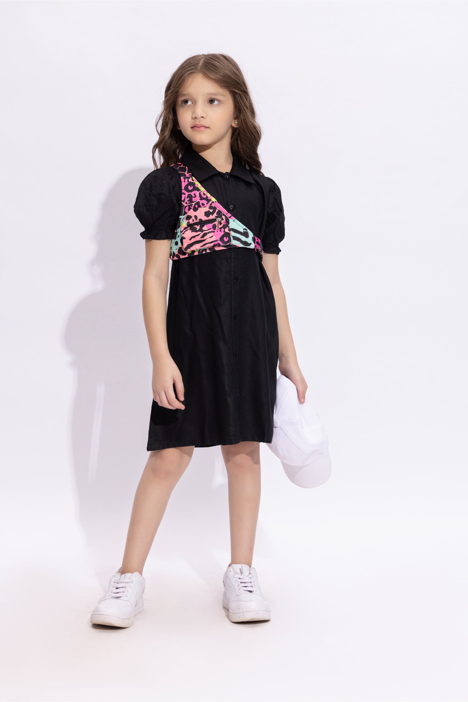 viscose solid puff sleeves Aline shirt Dress with Multi color chest bag-Black & Multi