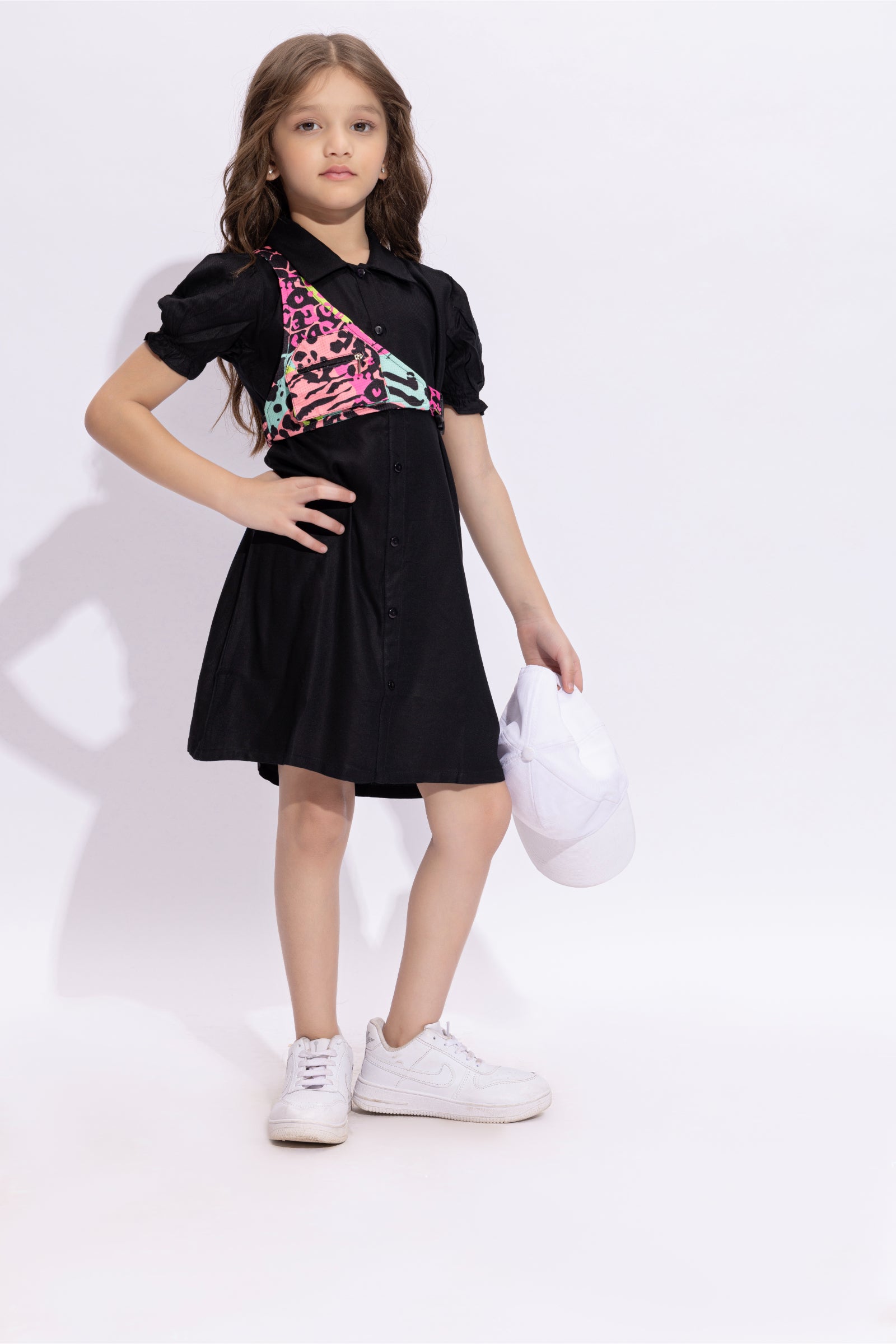 viscose solid puff sleeves Aline shirt Dress with Multi color chest bag-Black & Multi