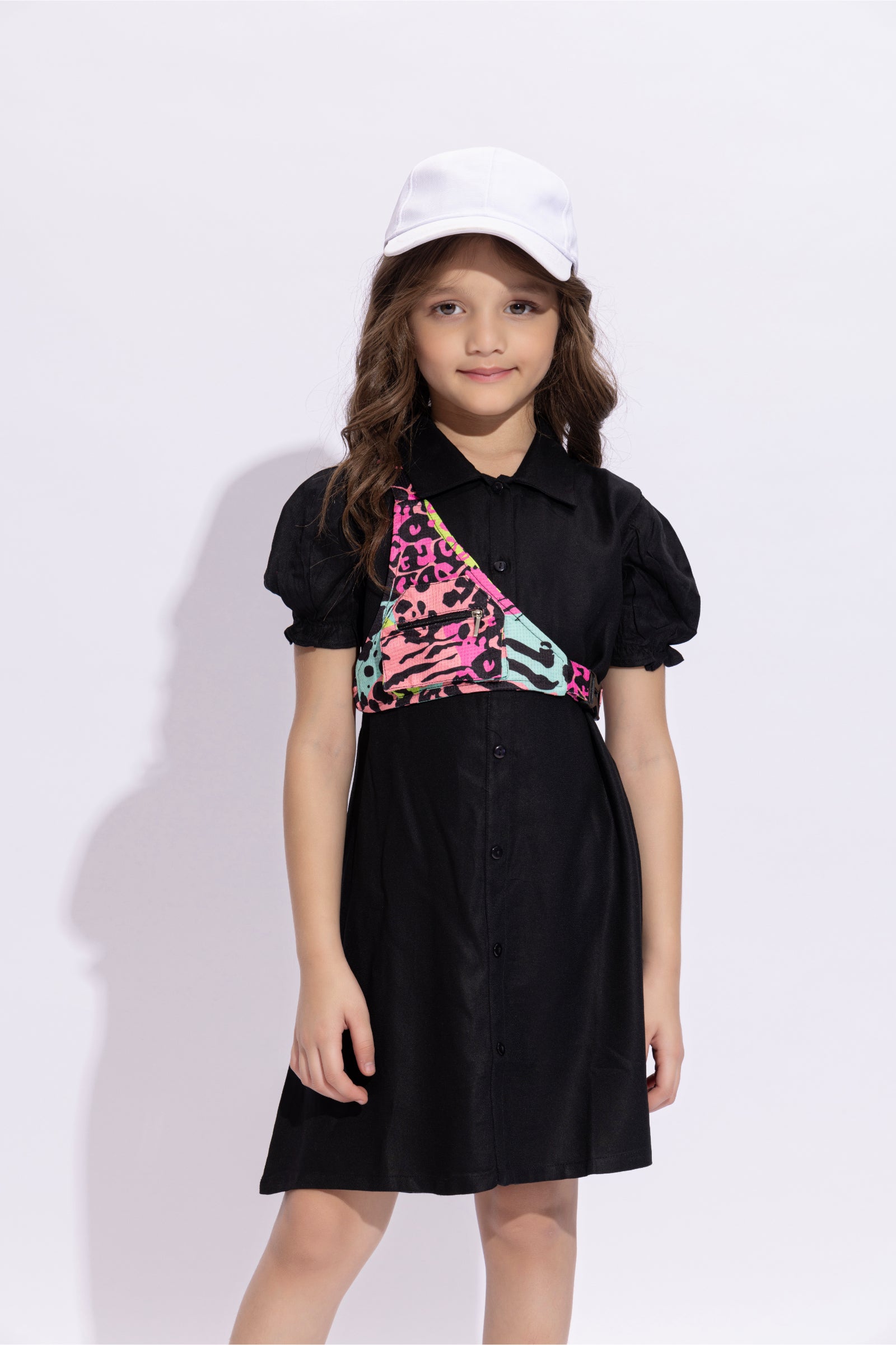 viscose solid puff sleeves Aline shirt Dress with Multi color chest bag-Black & Multi