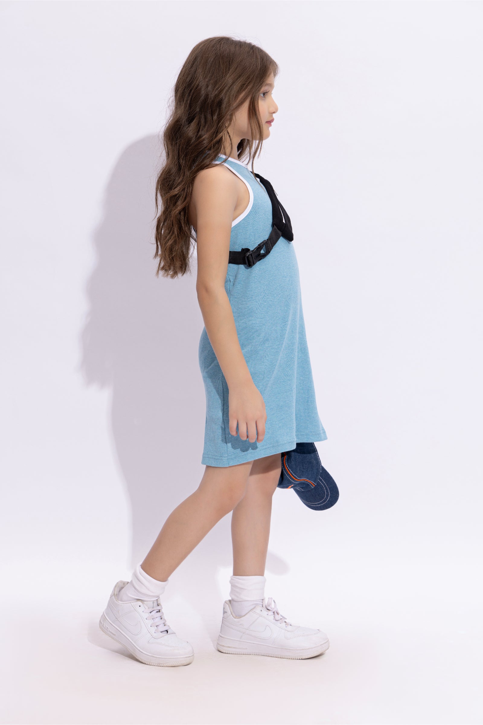 Rib sleeveless solid Aline dress with waist bag set-Blue