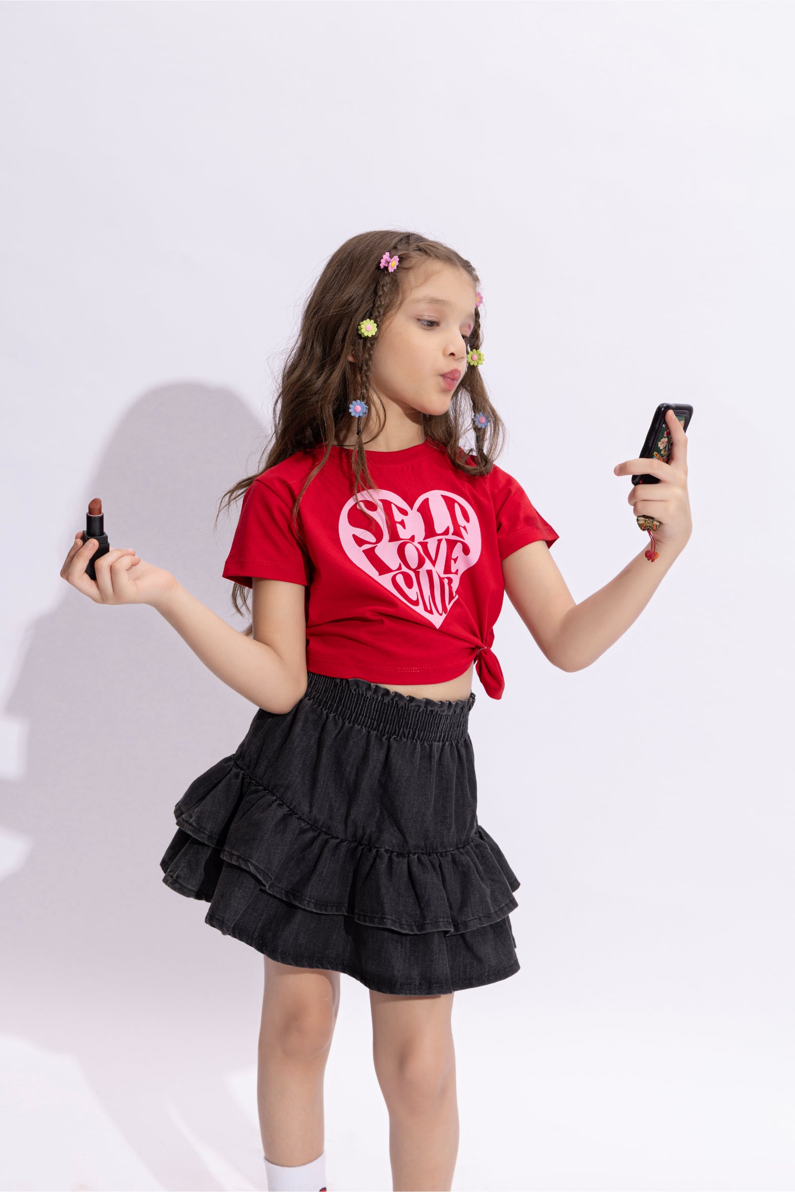 100% cotton Heart printed half sleeves Crop T-shirt-Red & Pink