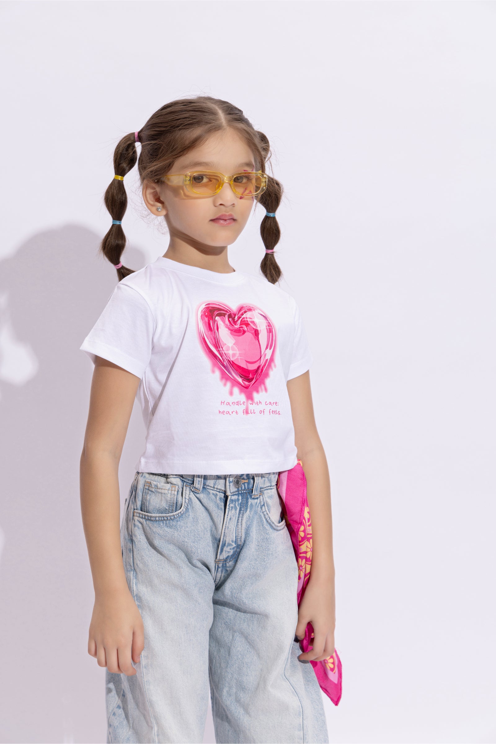 100% cotton half sleeves Heart printed crop T-shirt-White & Pink