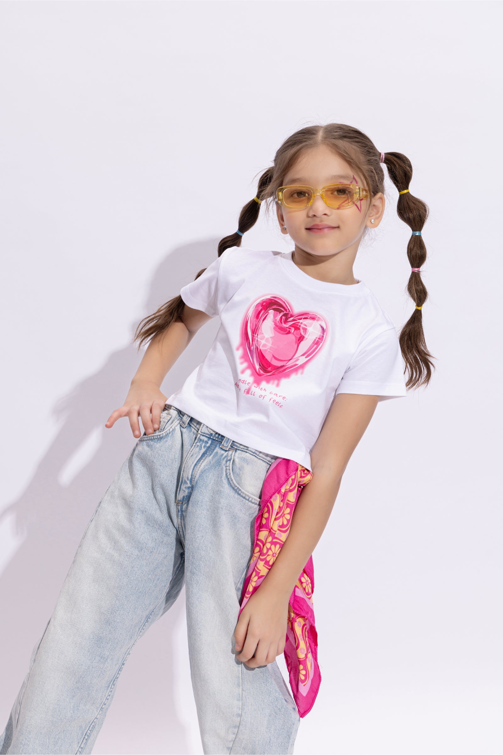 100% cotton half sleeves Heart printed crop T-shirt-White & Pink