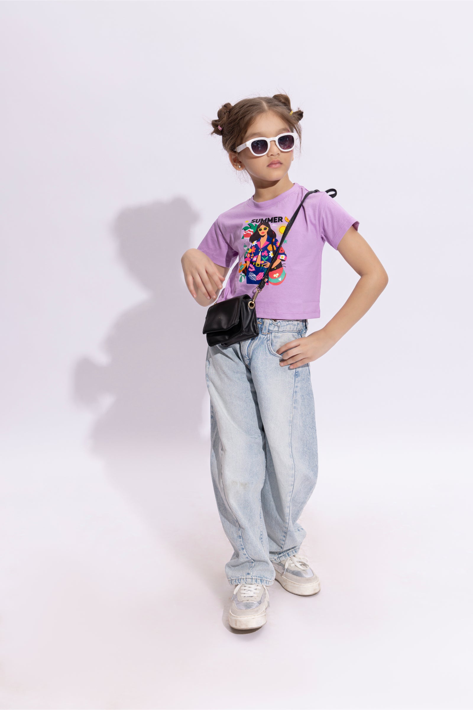 100% cotton half sleeves Summer themed graphic printed Crop T-shirt-Purple & Multi