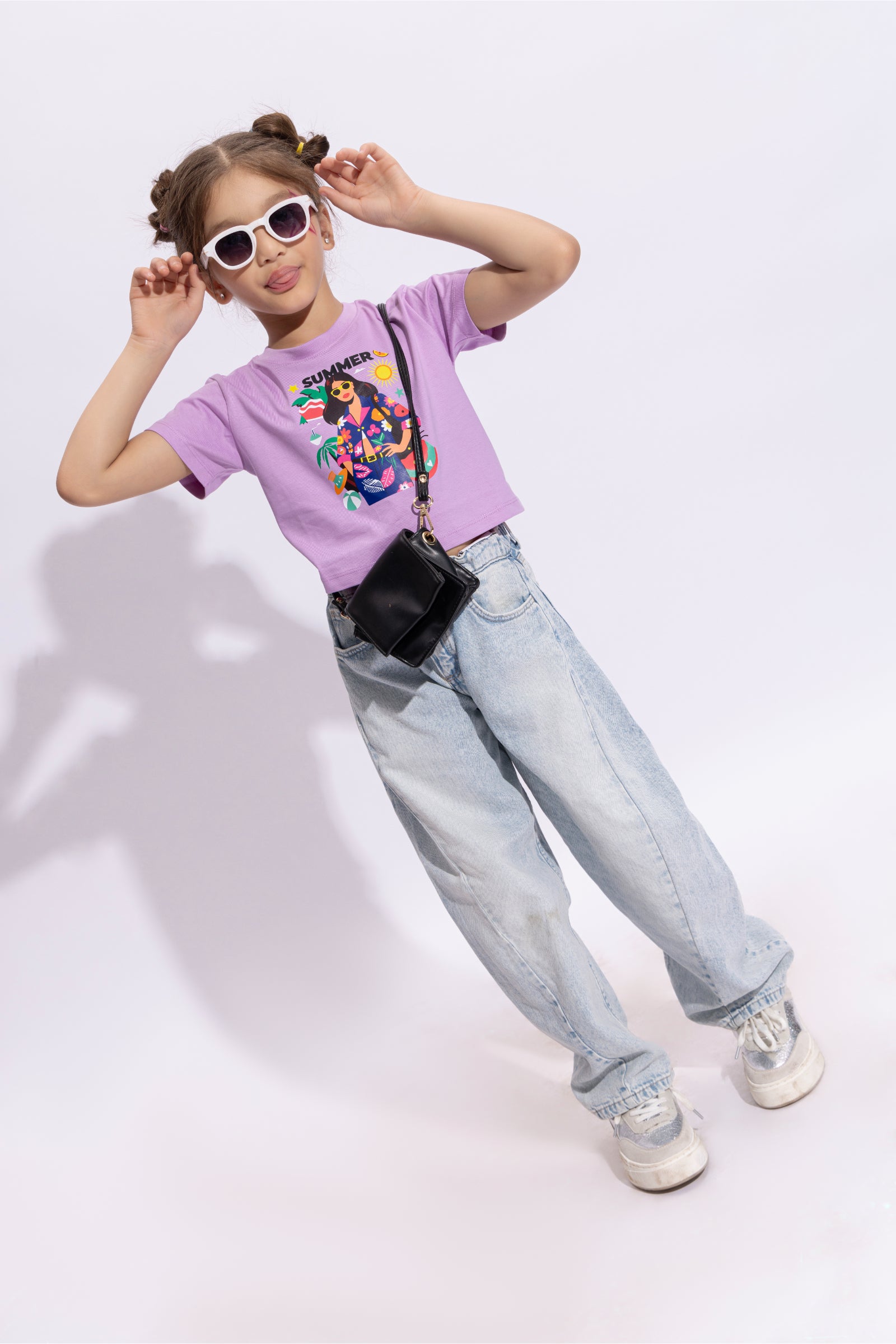 100% cotton half sleeves Summer themed graphic printed Crop T-shirt-Purple & Multi