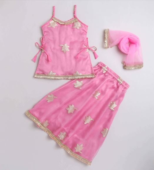 Shop Side Tie-Up Ethnic Kurti And Skirt Set With Dupatta-Pink Online