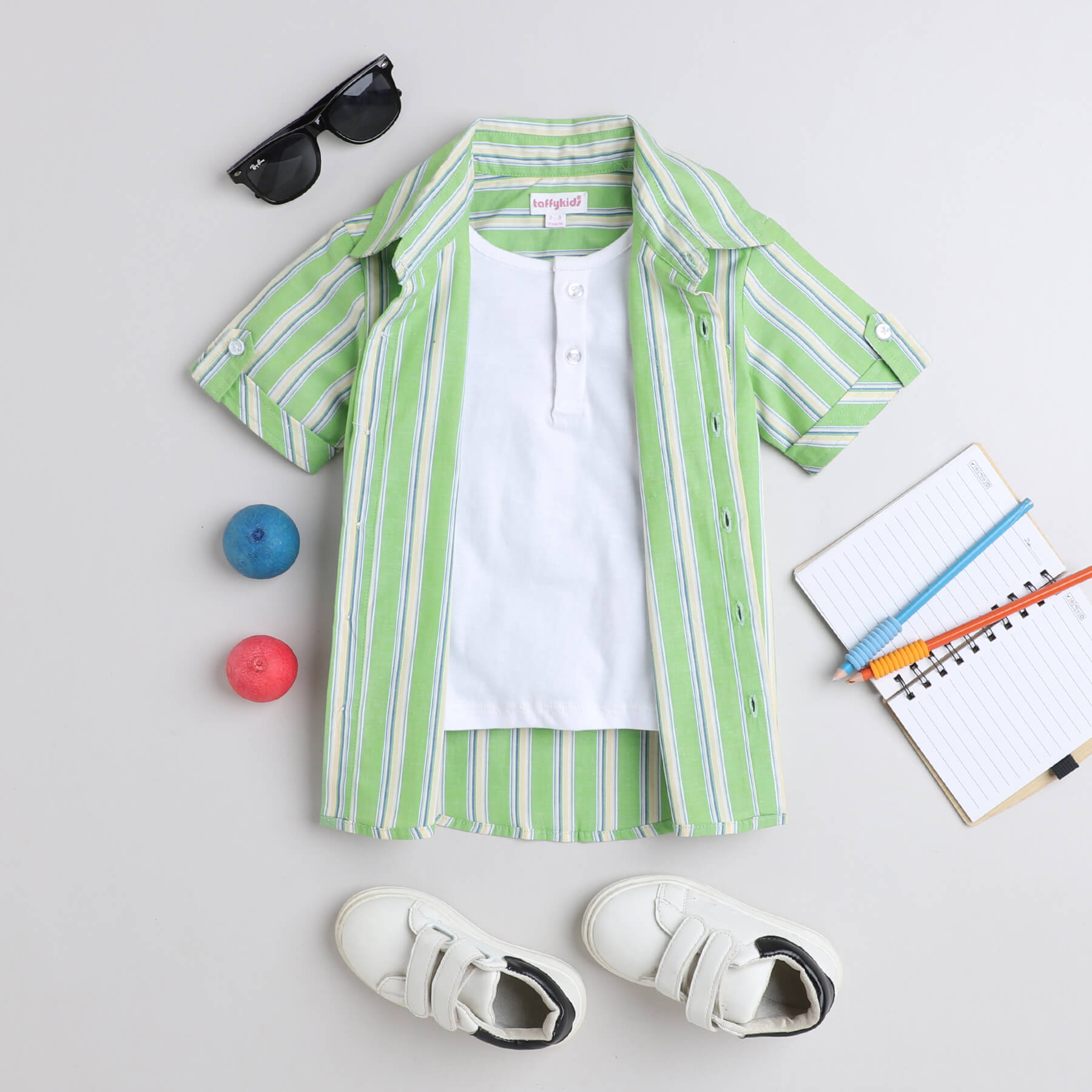 Stripes printed half sleeves shirt with attached tee-Green/White