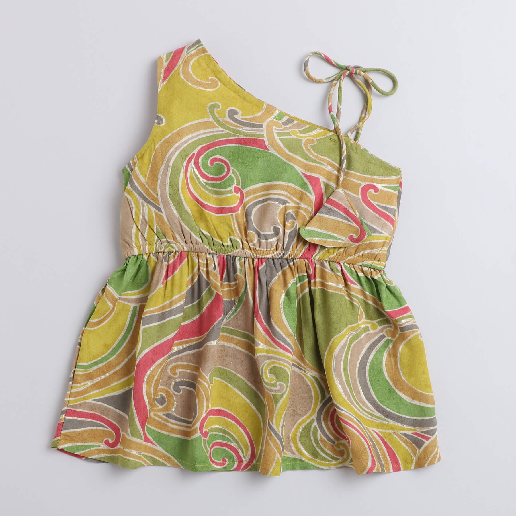 Taffykids foil and Abstract printed one shoulder ethnic peplum kurta and solid palazo pant set-multi/Green