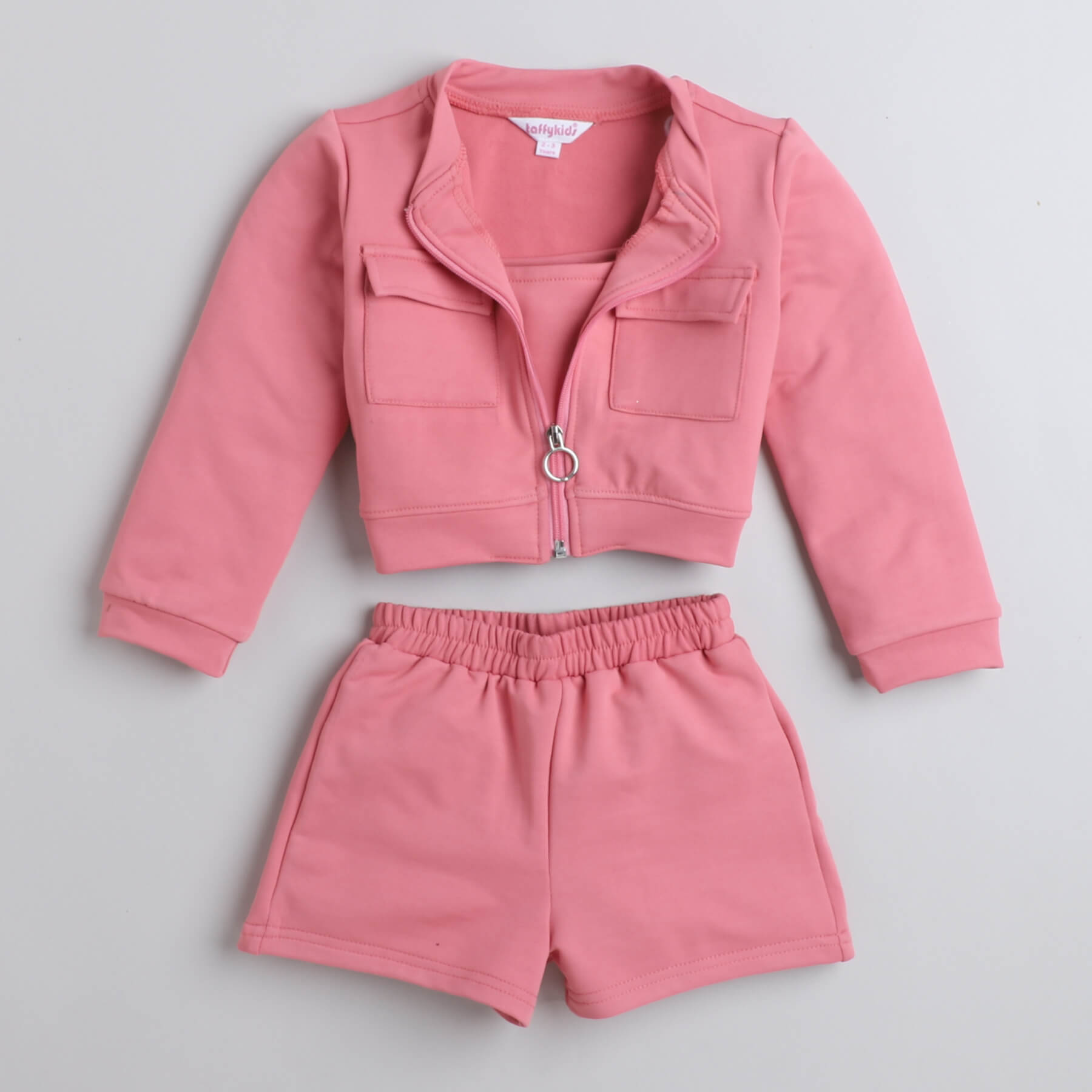 Taffykids singlet crop top and  short set  with zip up jacket-Pink