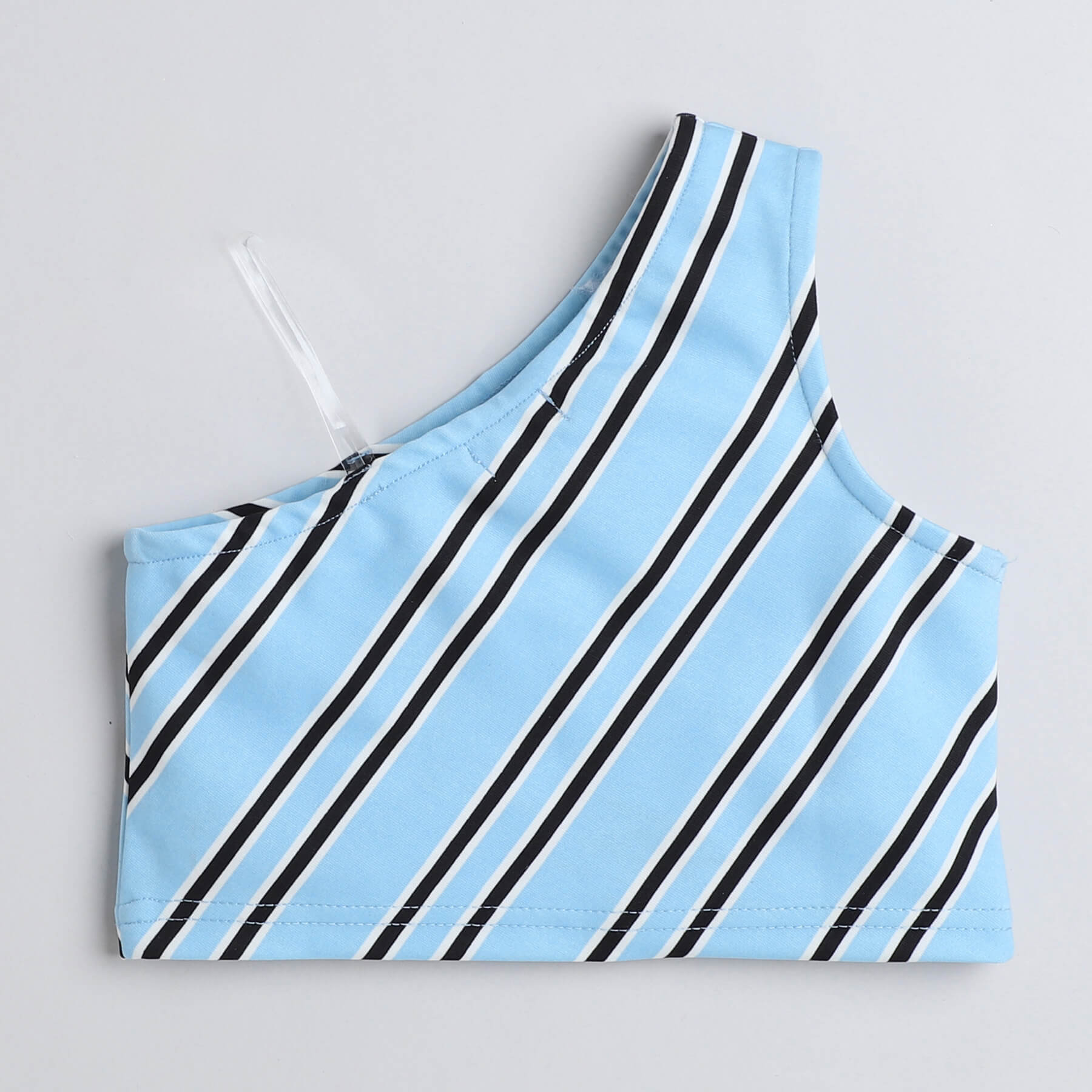 Taffy Stripes printed one shoulder crop top and skort set-Blue
