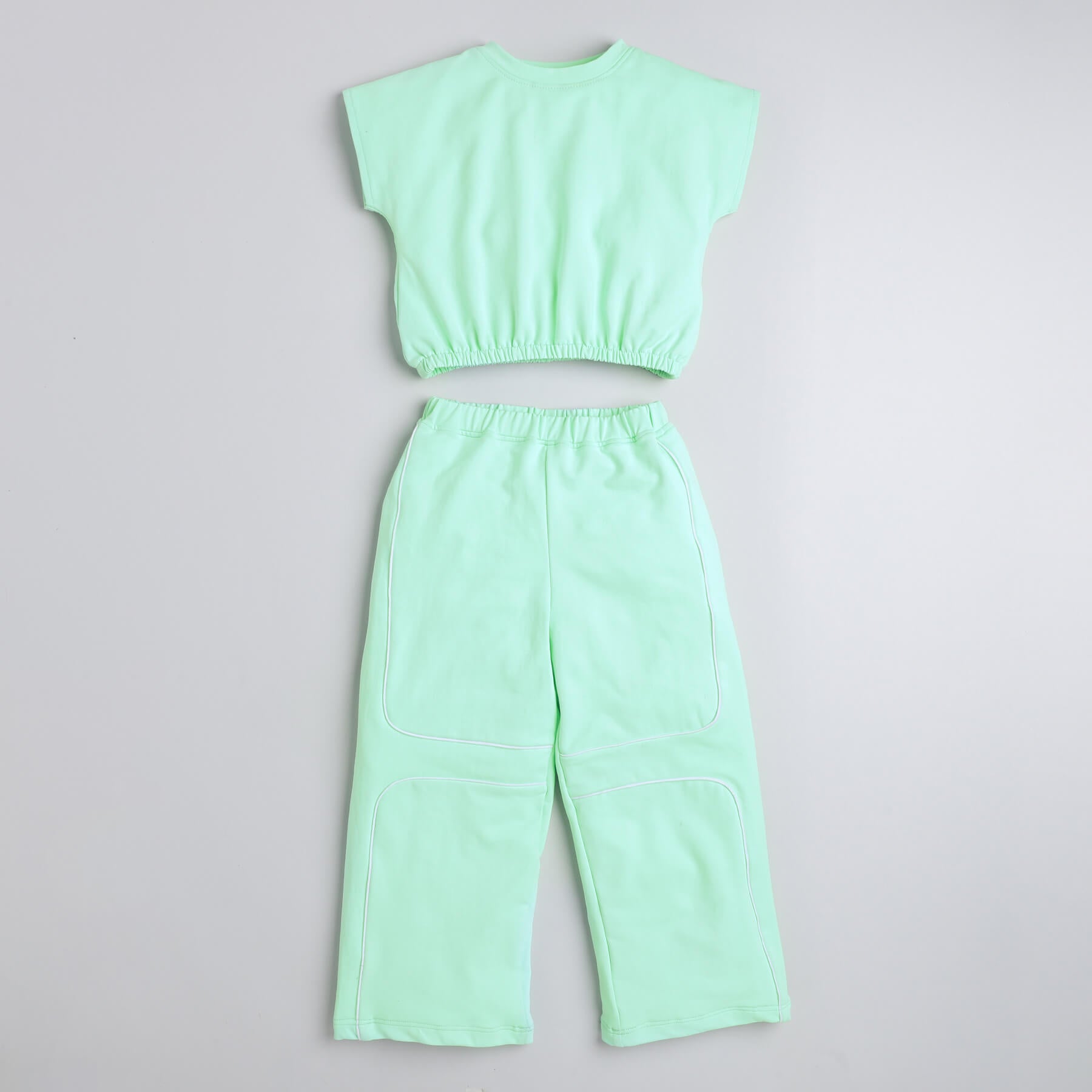Shop Waist Elastic Detail Crop Top And Pipping Detail Pant Set-Turquoise Green Online