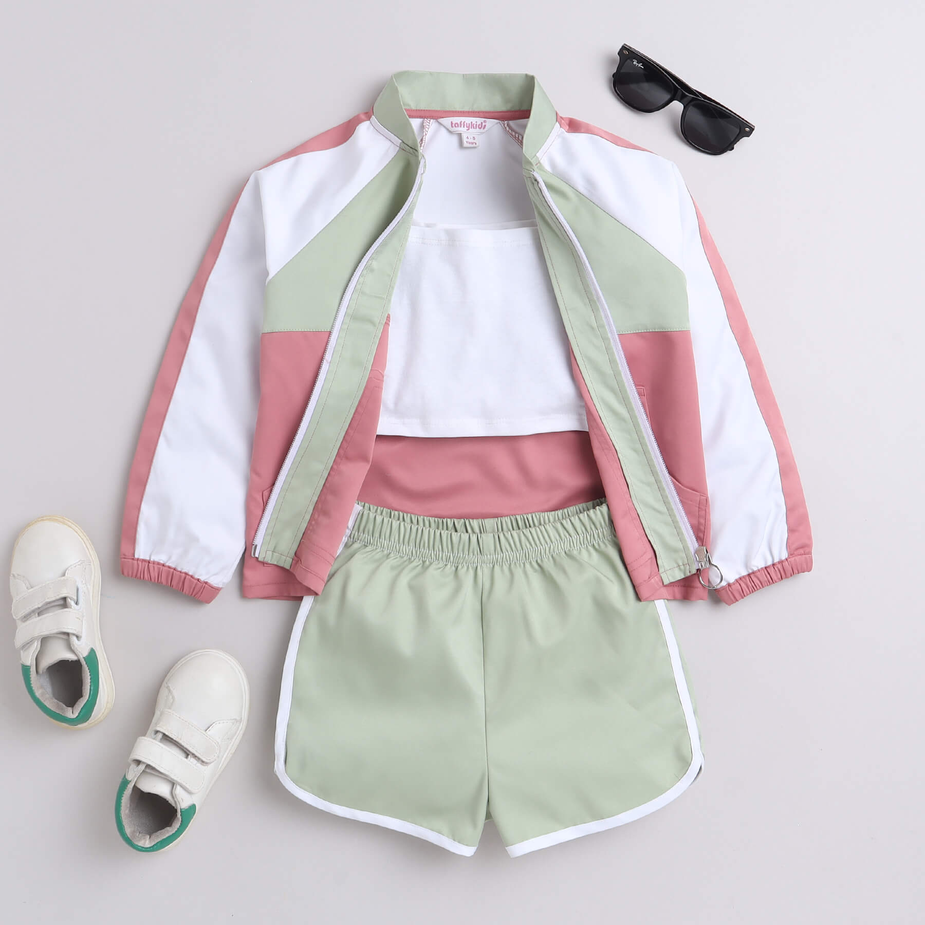 Taffykids full sleeves zip up Color block jacket with matching shorts and sleeveless inner set  -Multi