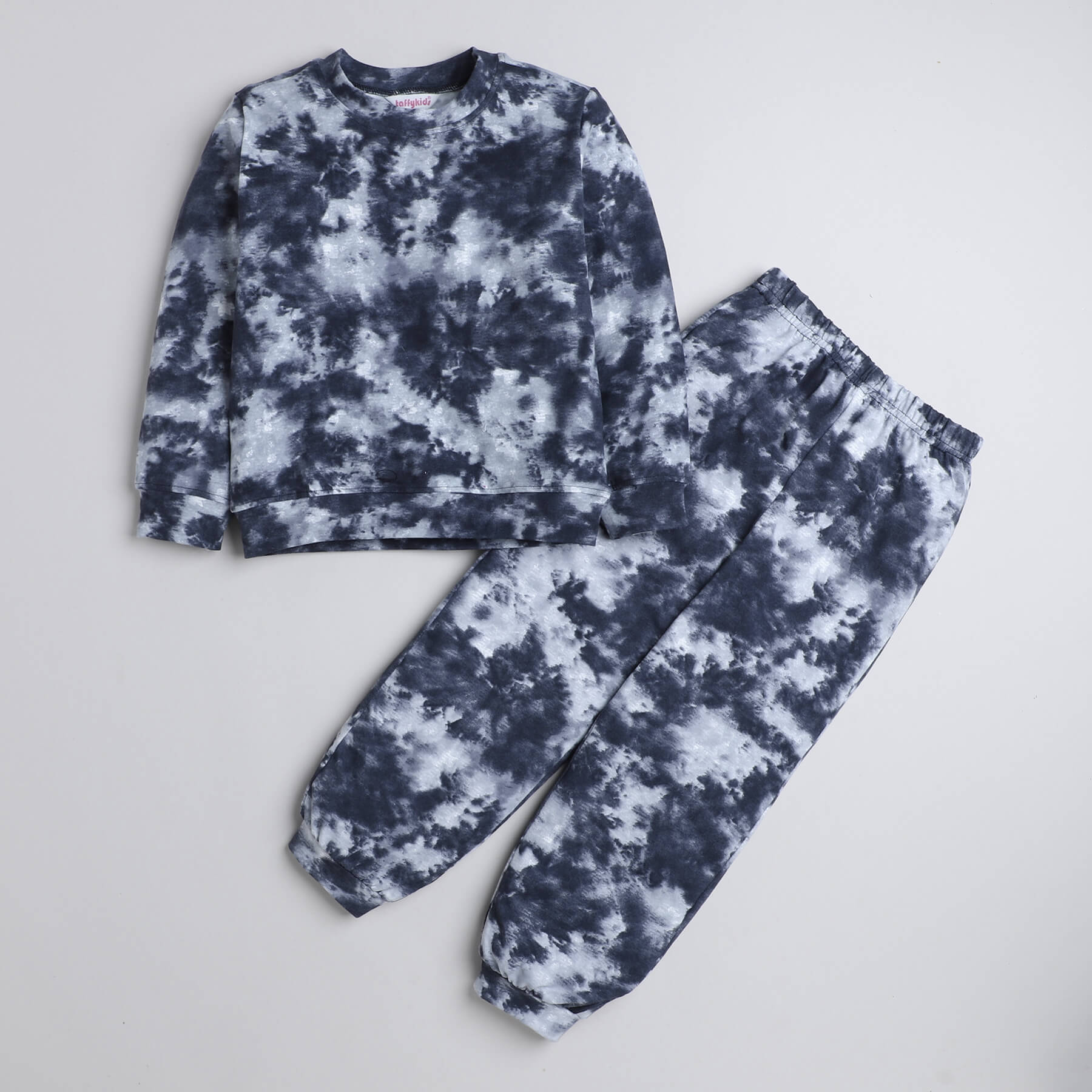 Taffykids tie-dye printed full sleeves sweatshirt and jogger pant set-Bluish grey