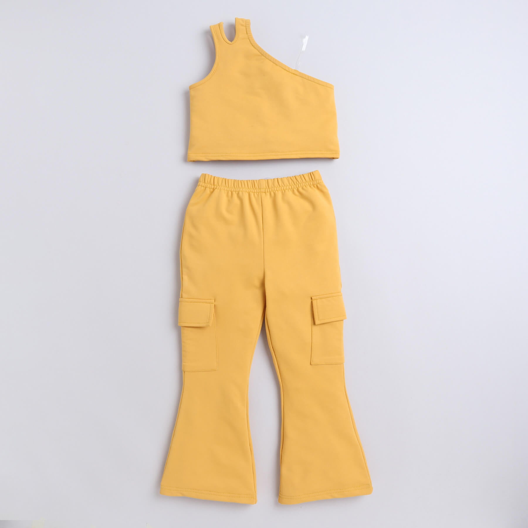 Taffykids one shoulder crop top and bell bottom pant set-Yellow