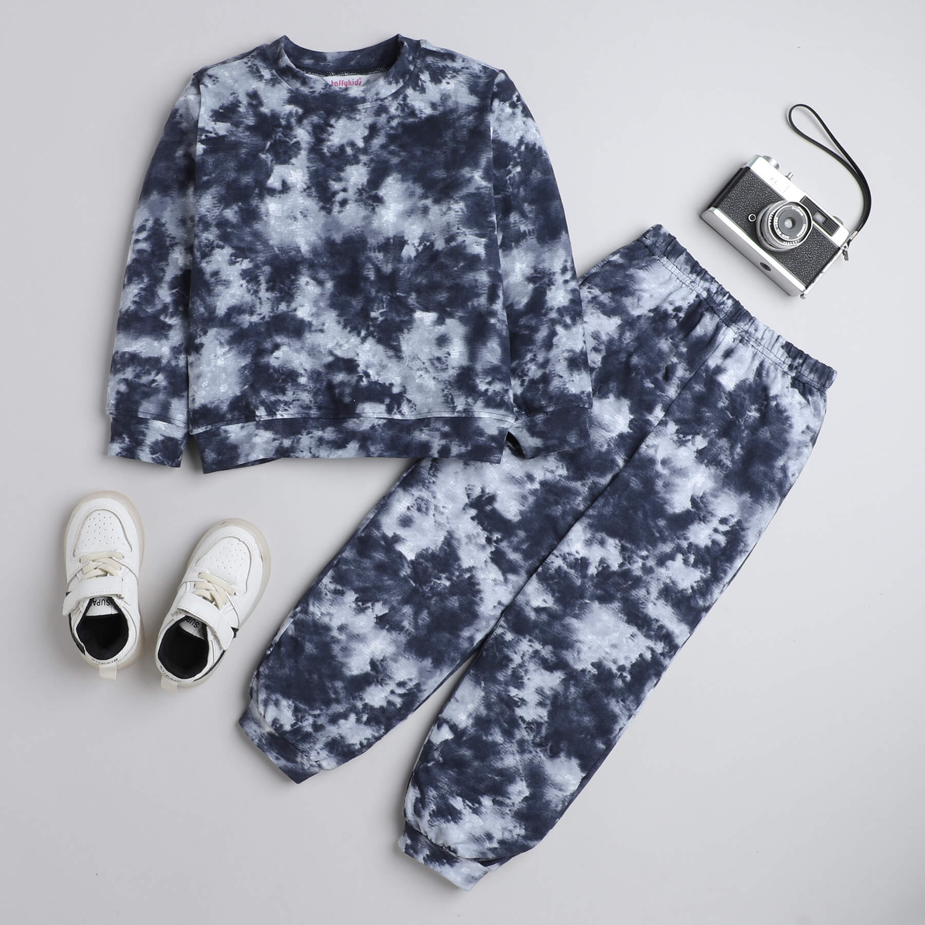 Shop Tie-Dye Printed Full Sleeves Sweatshirt And Jogger Pant Set-Bluish Grey Online