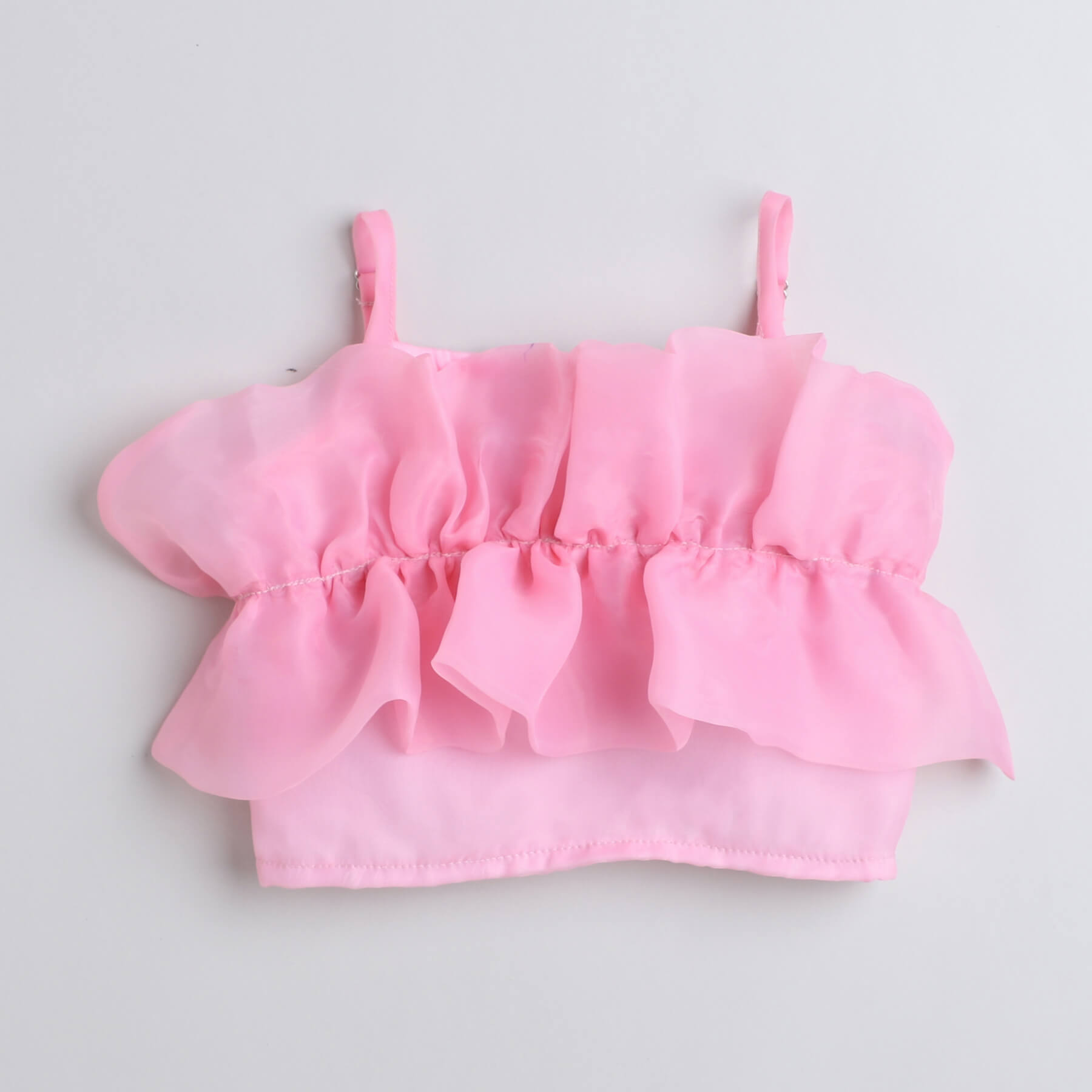 Shop Ruffle Detail Crop Top And Bell Bottom Pant Set-Pink/Blue Online