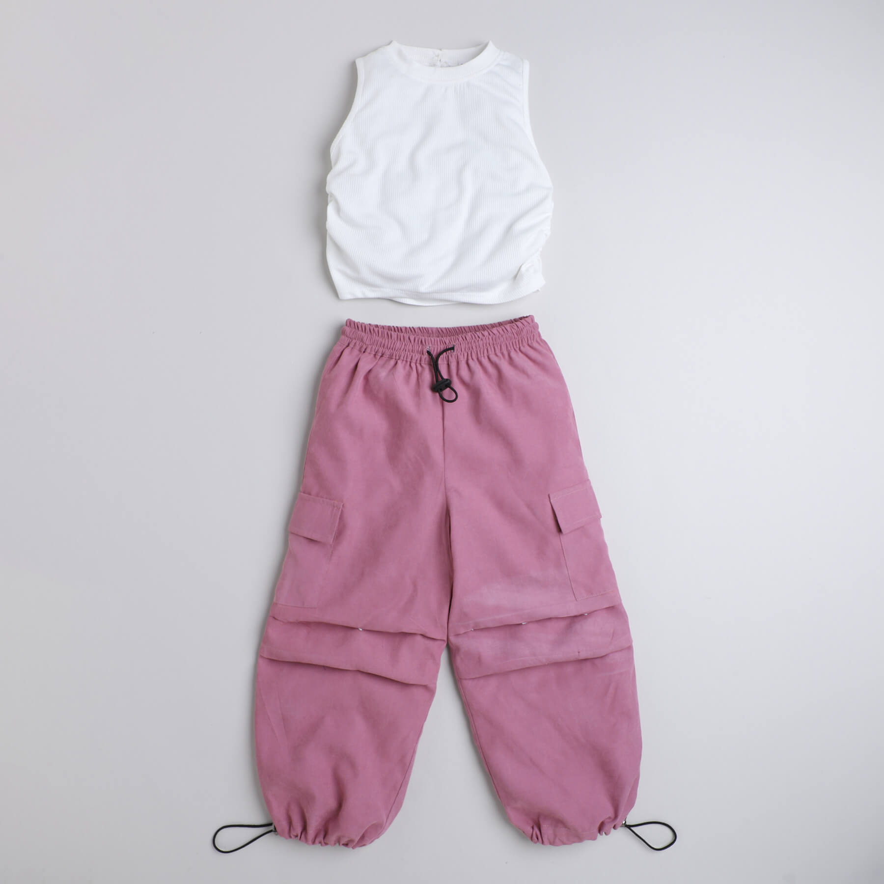 Taffykids sleeveless ruched crop top and parachute pant set-White/Pink